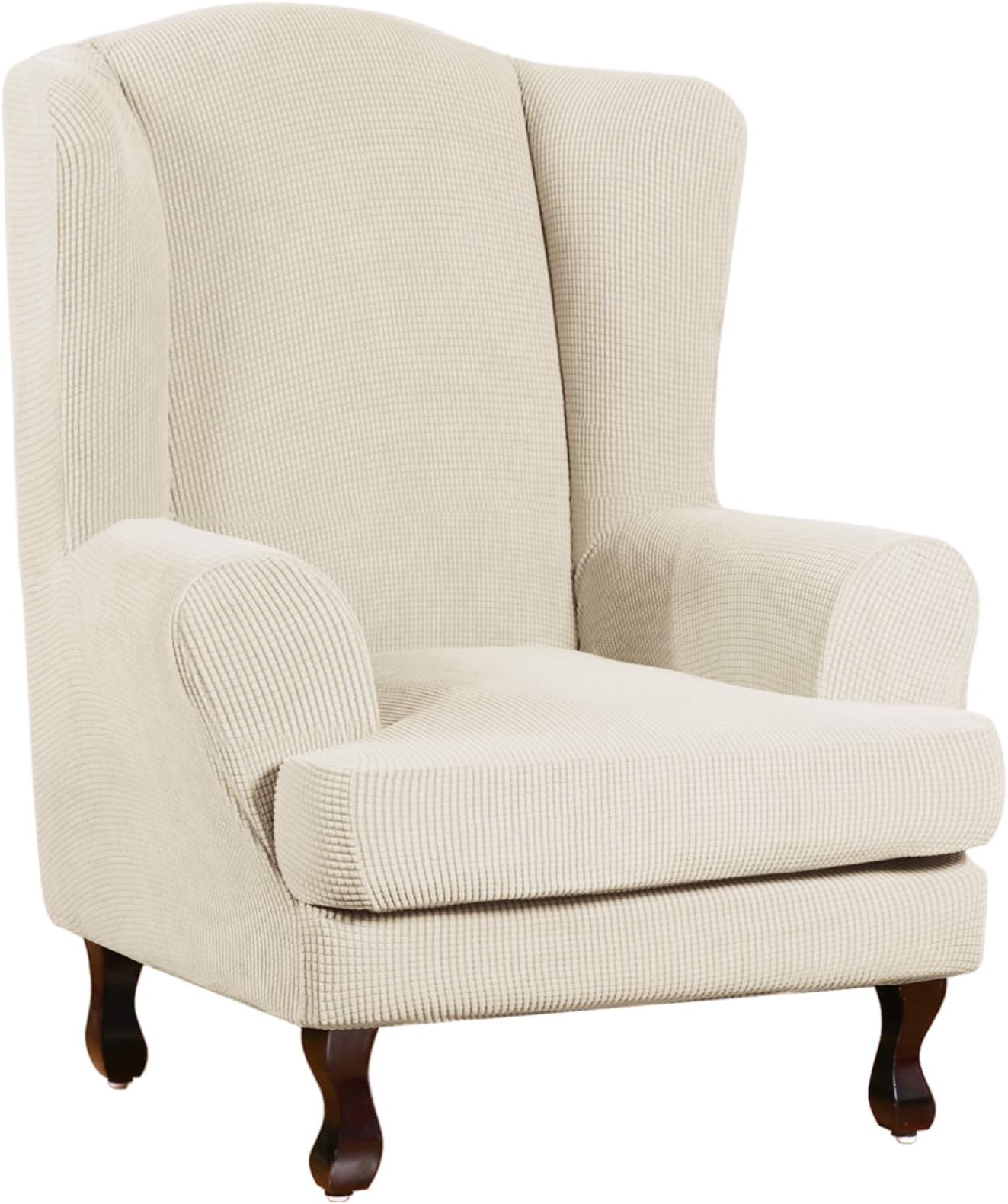 Turquoize Wingback Chair Covers 2 Piece Wing Chair Slipcover Stretch Slipcovers for Wingback Chairs Wing Chair Cover Spandex Jacquard Fabric with Elastic Bottom Non-Slip Furniture Cover,Biscotti Beige