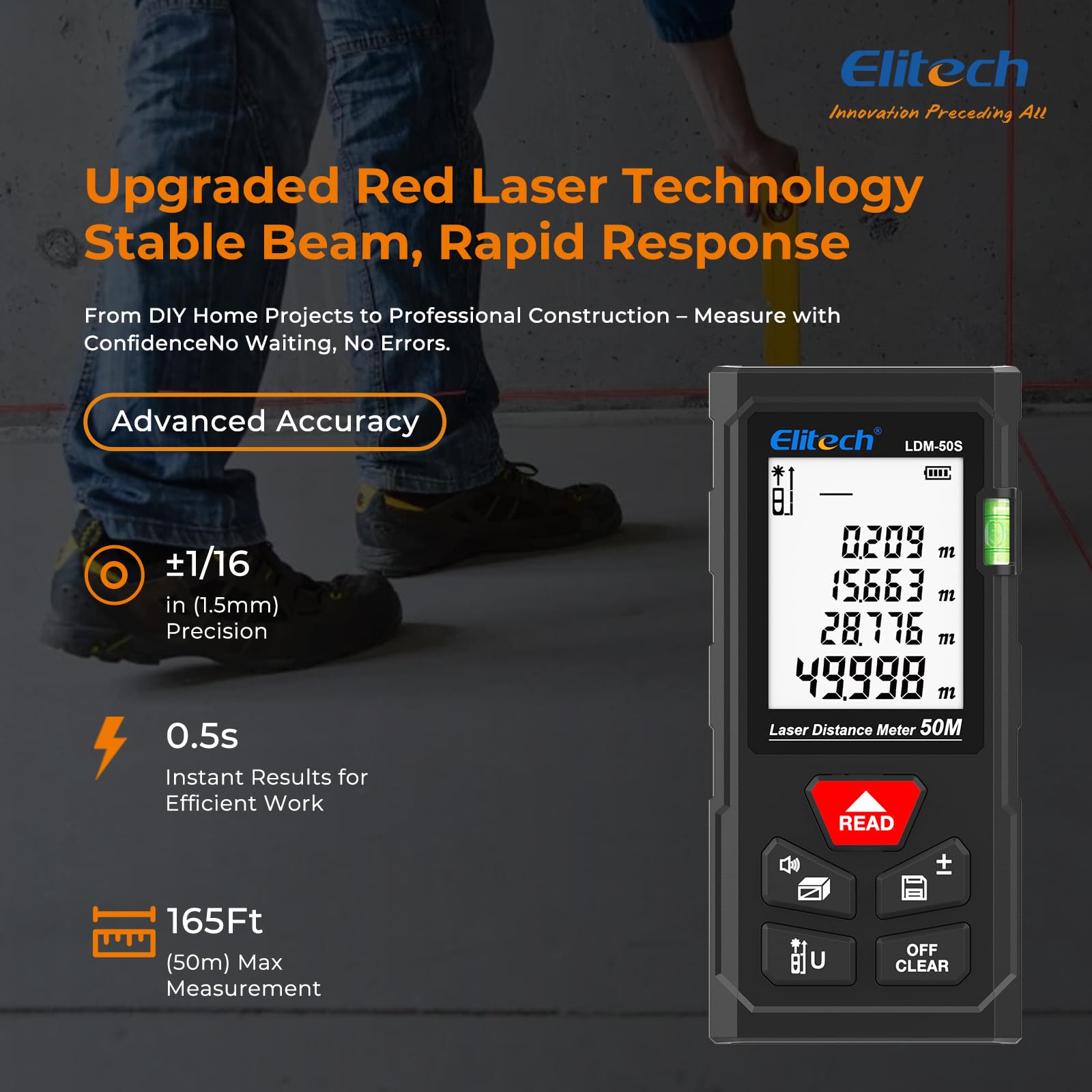 Elitech Laser Measur 50M with 1 Bubble Levels, Digital Laser Distance Meter for Measuring Distance Area Volume Pythagoras - Image 2