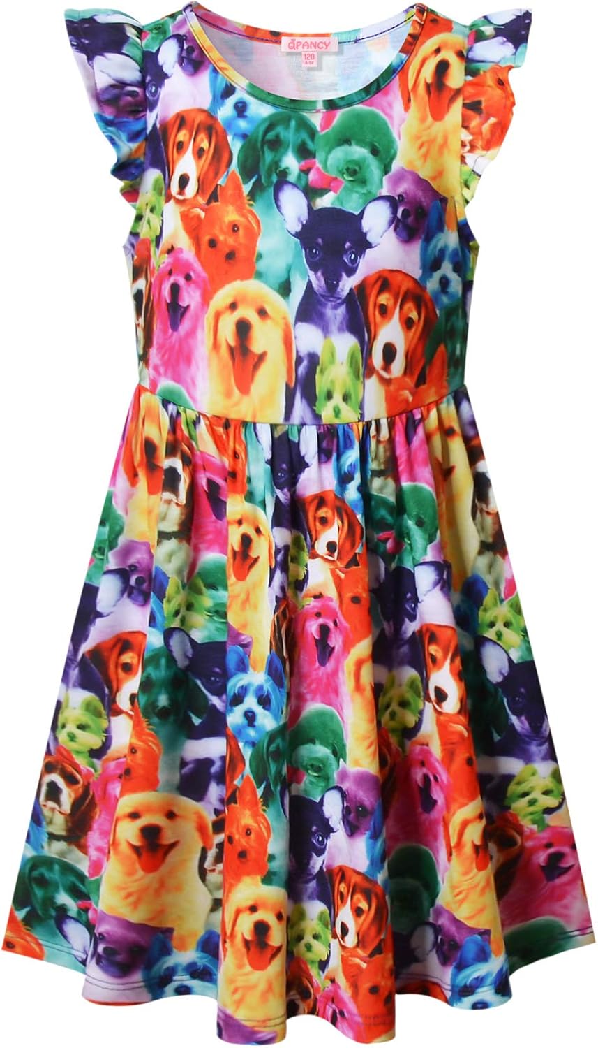 Girls Unicorn Dresses Summer Flutter Sleeve Rainbow Party Clothes for Kids