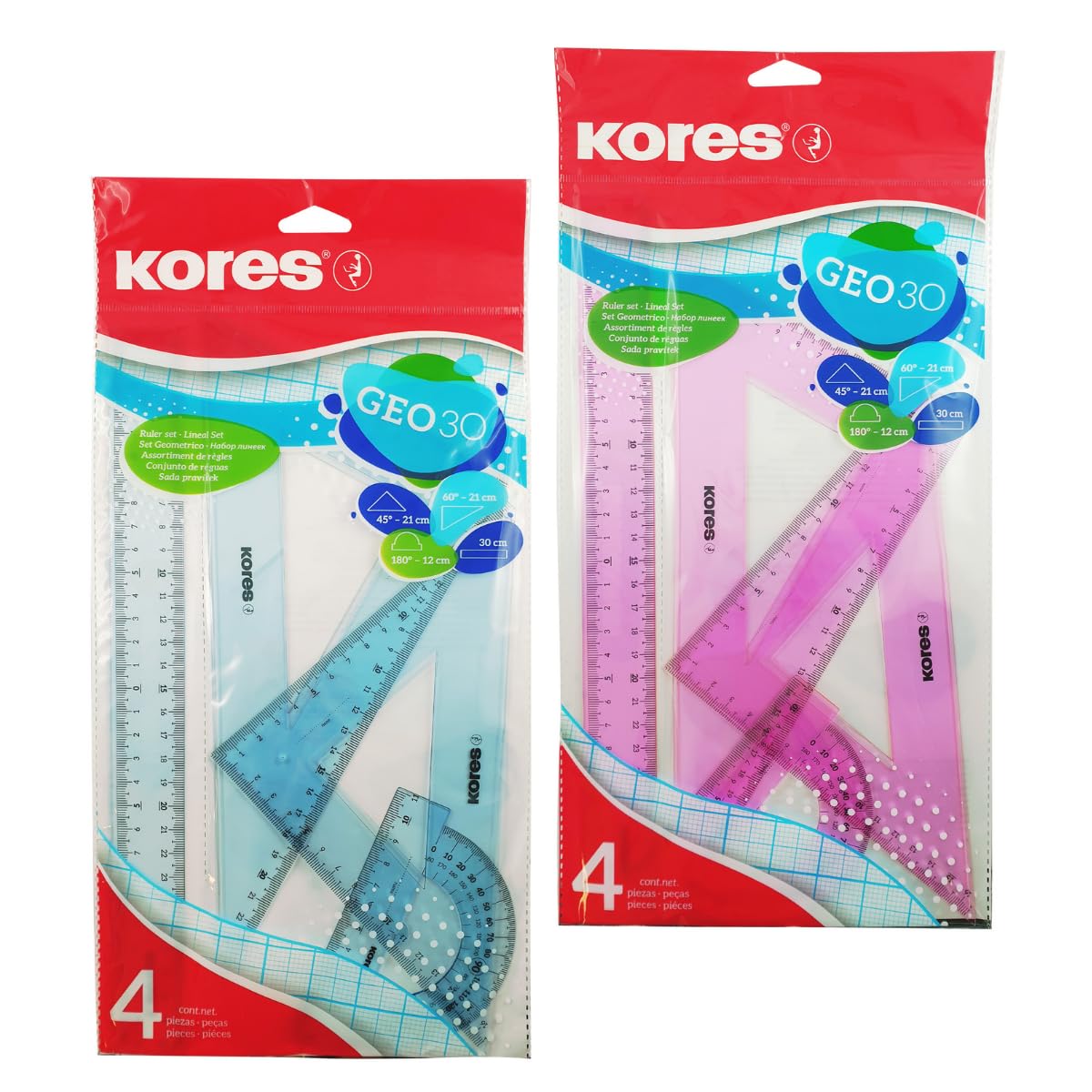 Kores Geometry Set for School – 30cm ruler, Light Pink, Blue