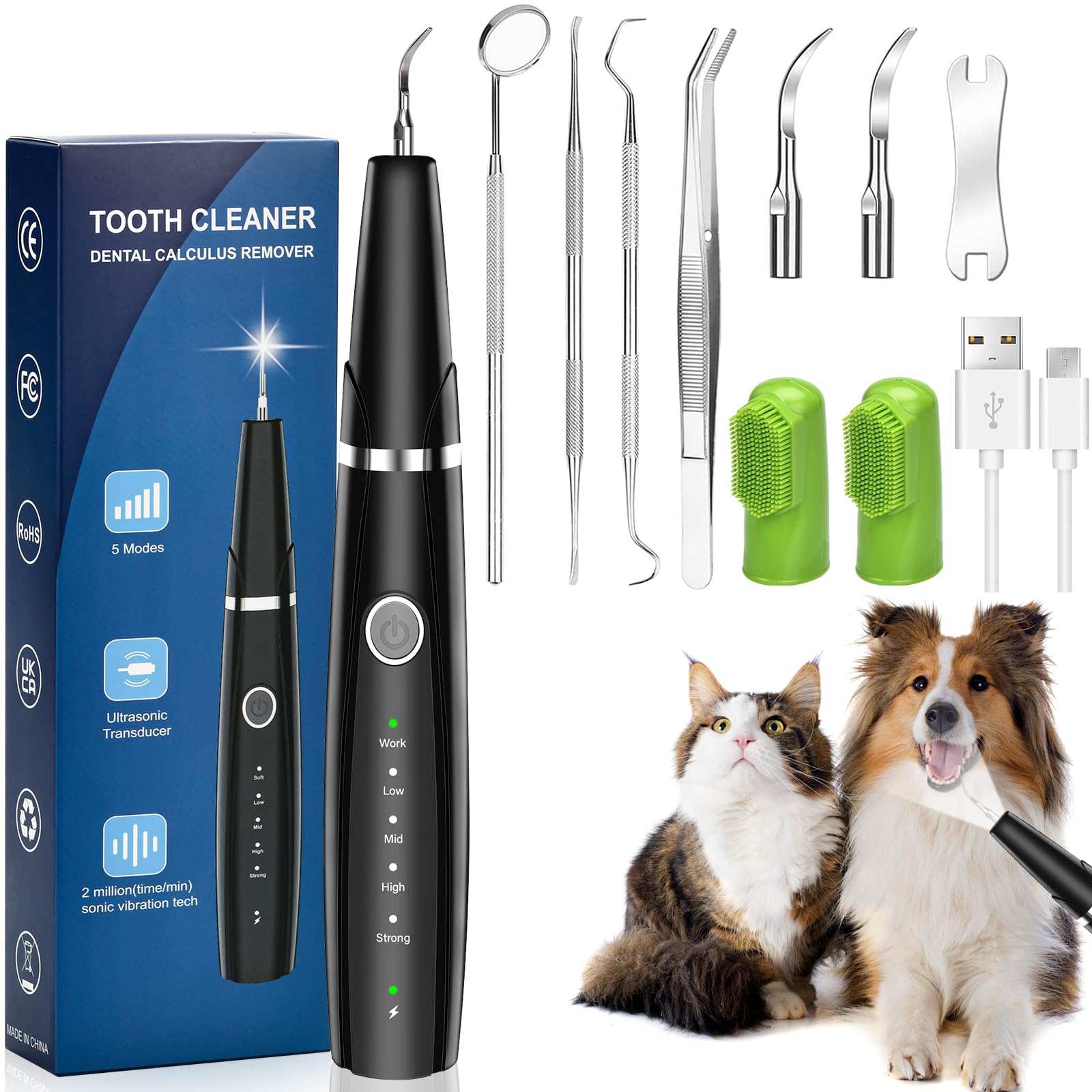 AIBISTAR Cepillo Dientes Perro Ultrasónico, 5 Modos de Limpieza, Limpiador Ultrasónico Dental Resistente al Agua IPX6, Combate el Sarro, El Mal Aliento y La Inflamación de Las Encías, Para Mascotas