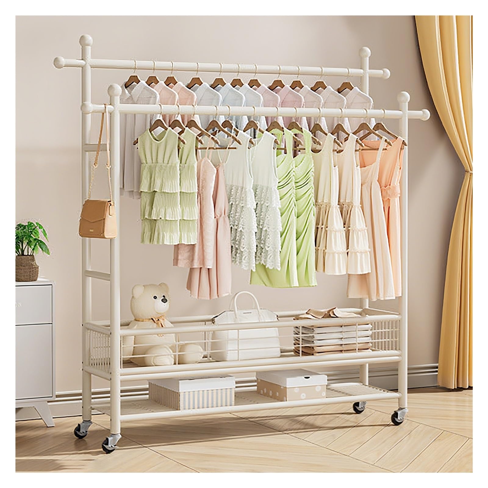 Double Rods Clothes Rack Metal Garment With Wheels Rolling Clothing Racks For Hanging Portable Wardrobe(80cm/31.5in)