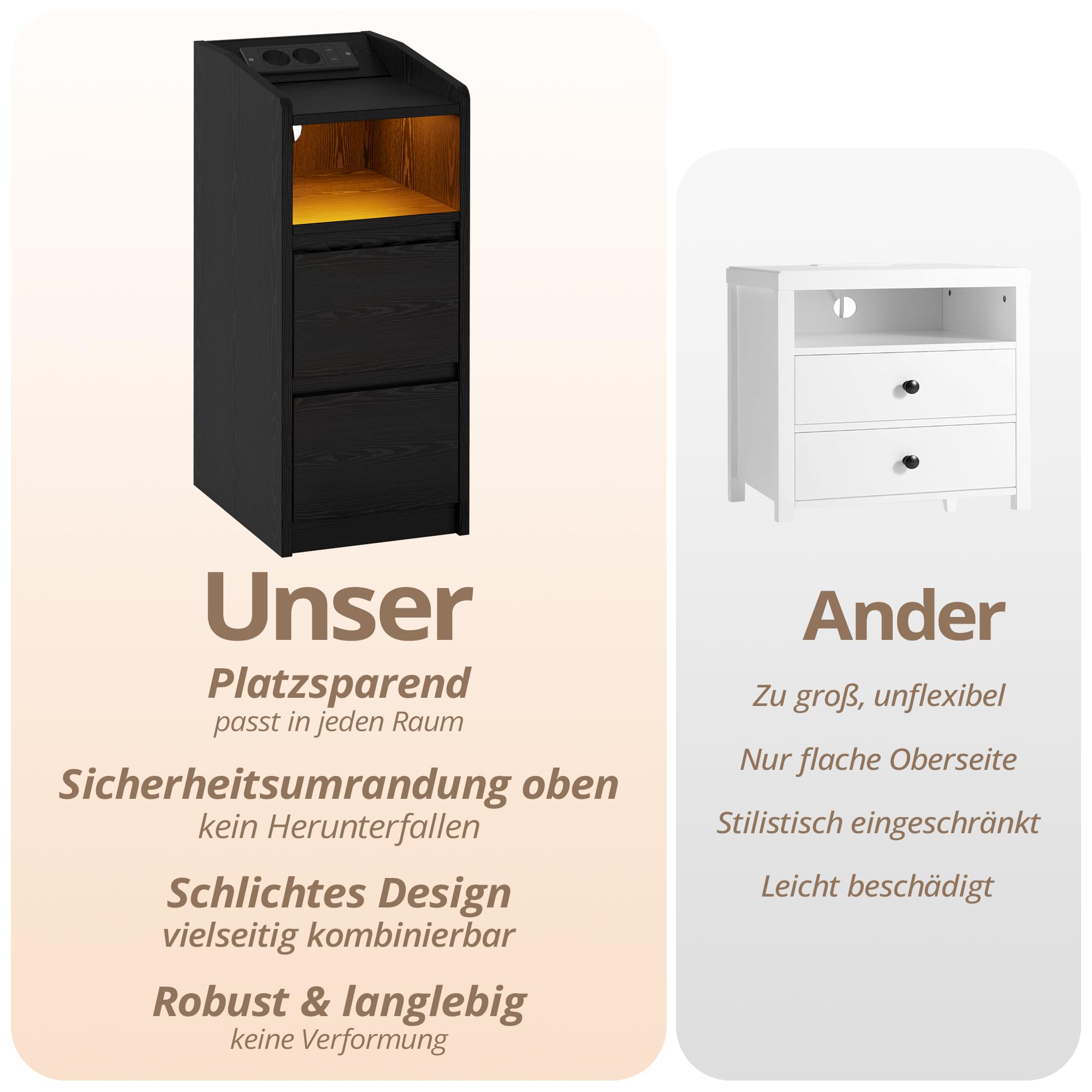 IRONCK Nachttisch Schmal, Beistelltisch mit Ladestation und LED, Bedside Table mit Offenem Fach, für Schmale Räume Schlafzimmer, Wohnzimmer, Schwarz
