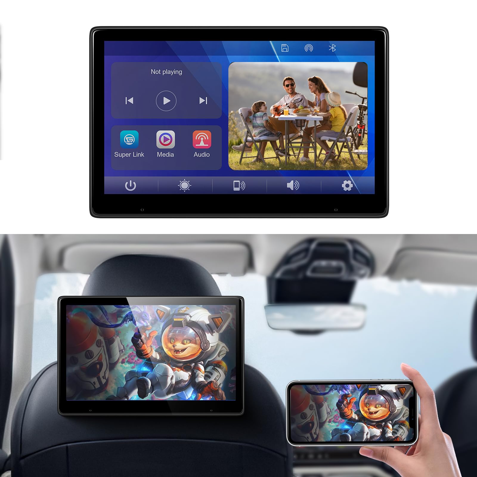 Moniteur Portable pour siège arrière avec Bluetooth, Lecteur vidéo à écran Tactile IPS 10,1 Pouces, Compatible Carplay et Android Auto, Mirror Link +64GB TF Card