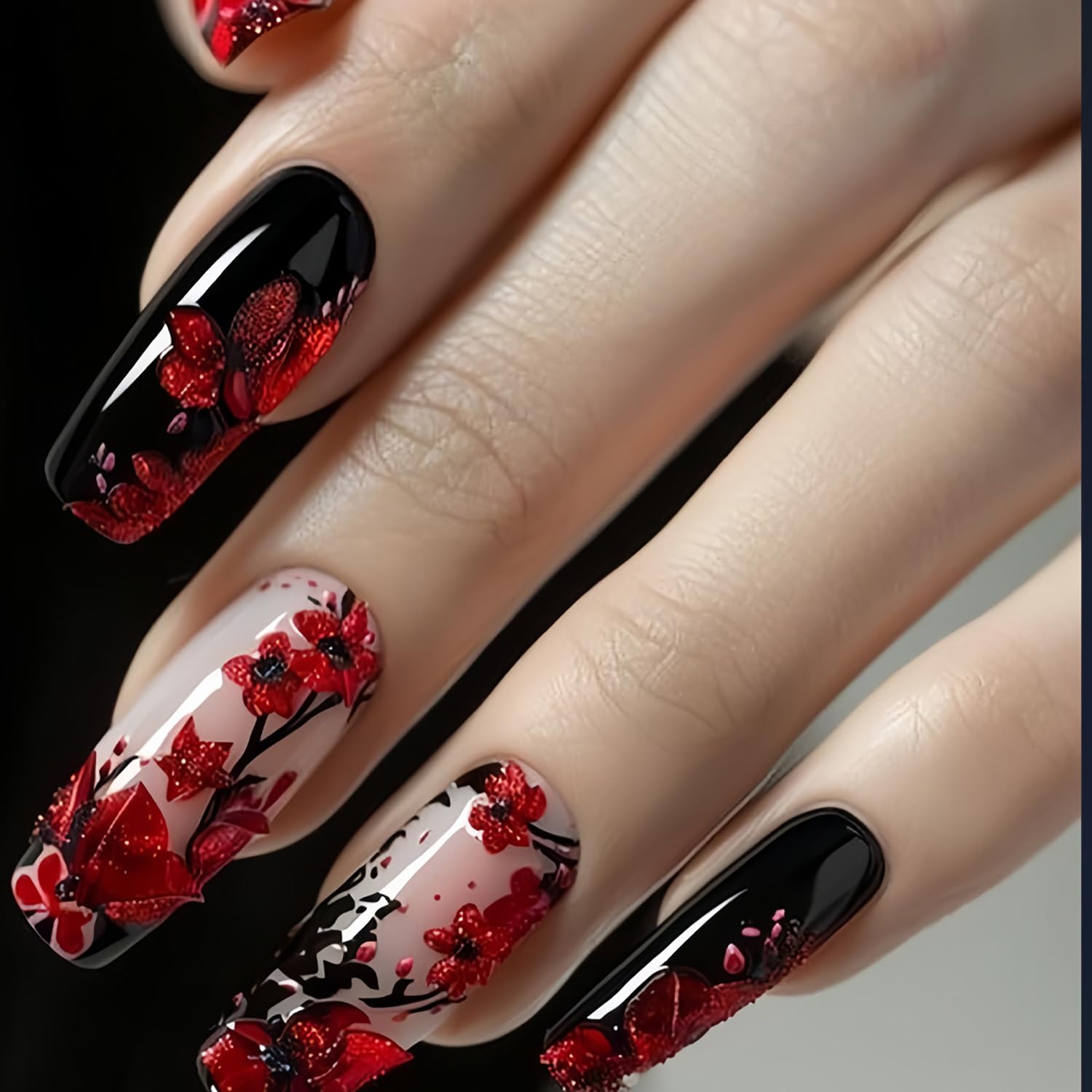 Photo 1 of 24pcs Valentines Press on Nails Medium Square Fake Nails Black French Tip False Nails with Flower Designs Red Petal Full Cover Artificial Glue on Nails for Women Manicure Supplies Decoration Tips