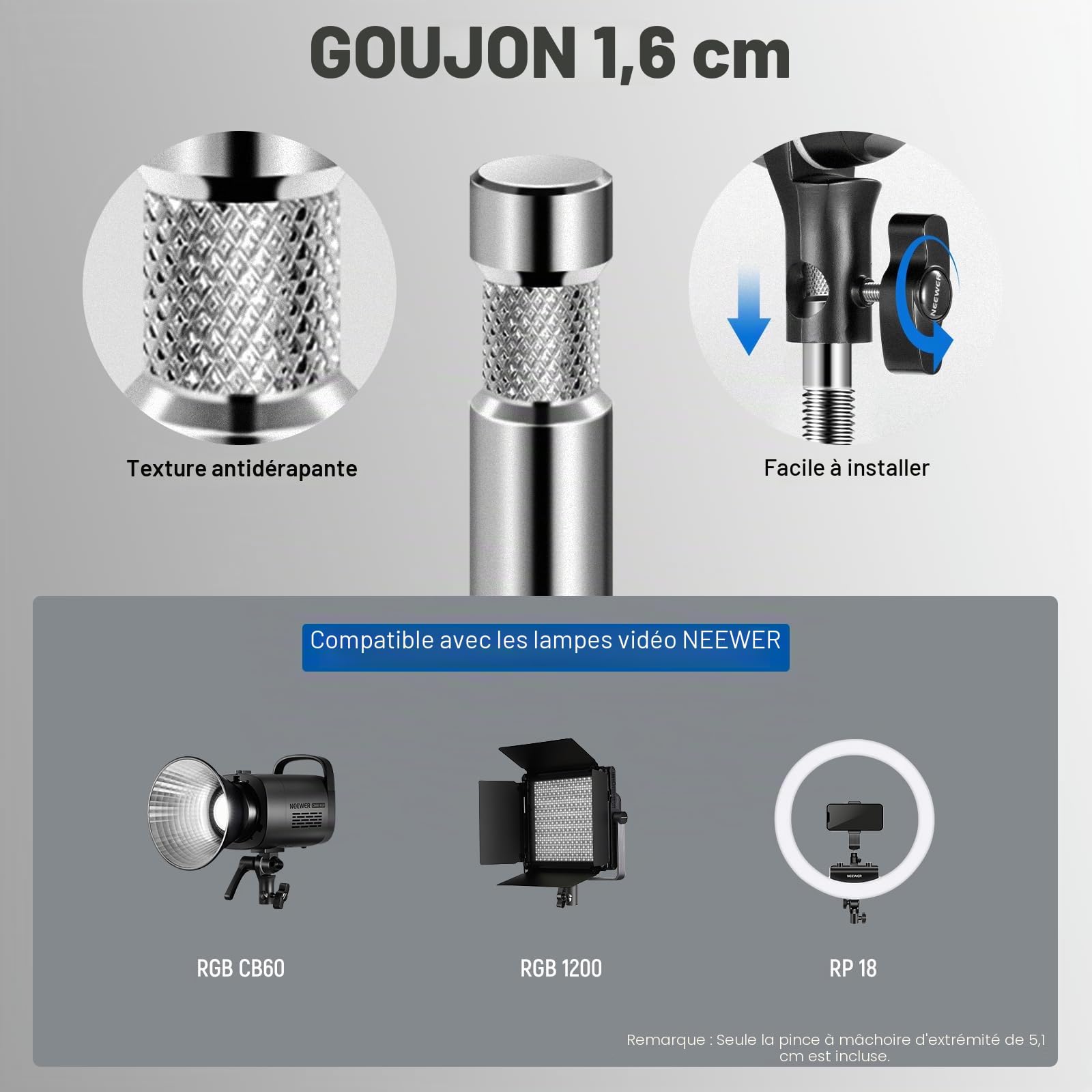 NEEWER 2" Griffe Étau en Acier avec Goujon de 5/8",Mâchoire Réglable en Aluminium, Coussinet en Caoutchouc de Support C,Anti-Torsion,Poignée Rotative pour Lumière Vidéo LED Softbox,UA015