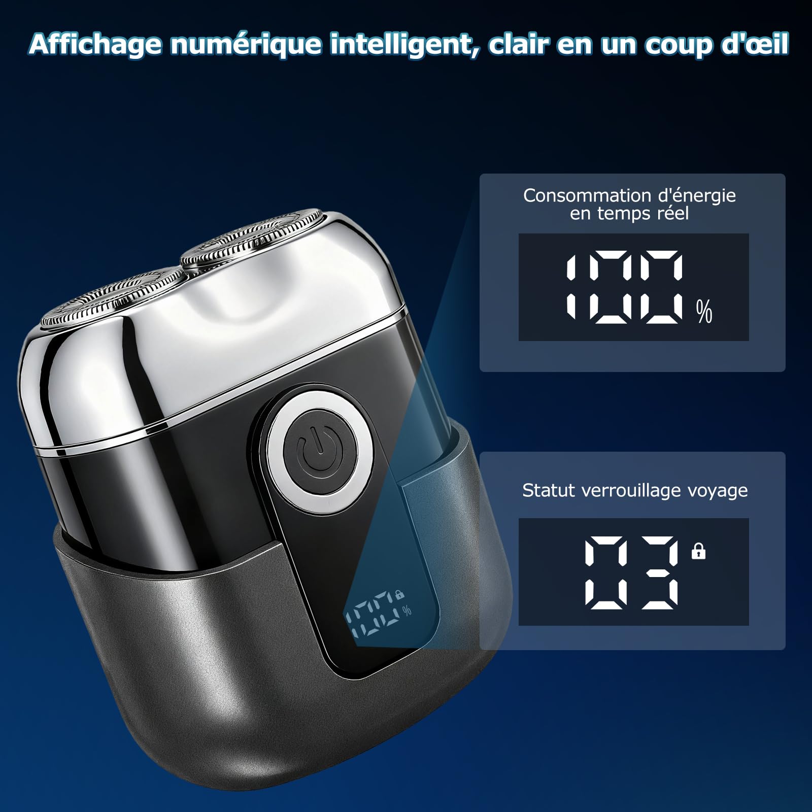 Mini Rasoir Électrique Homme - Rasoir de Voyage Étanche IPX6 avec Écran LED, USB-C Rapide, Double Tête, Silencieux & Portable - Gris