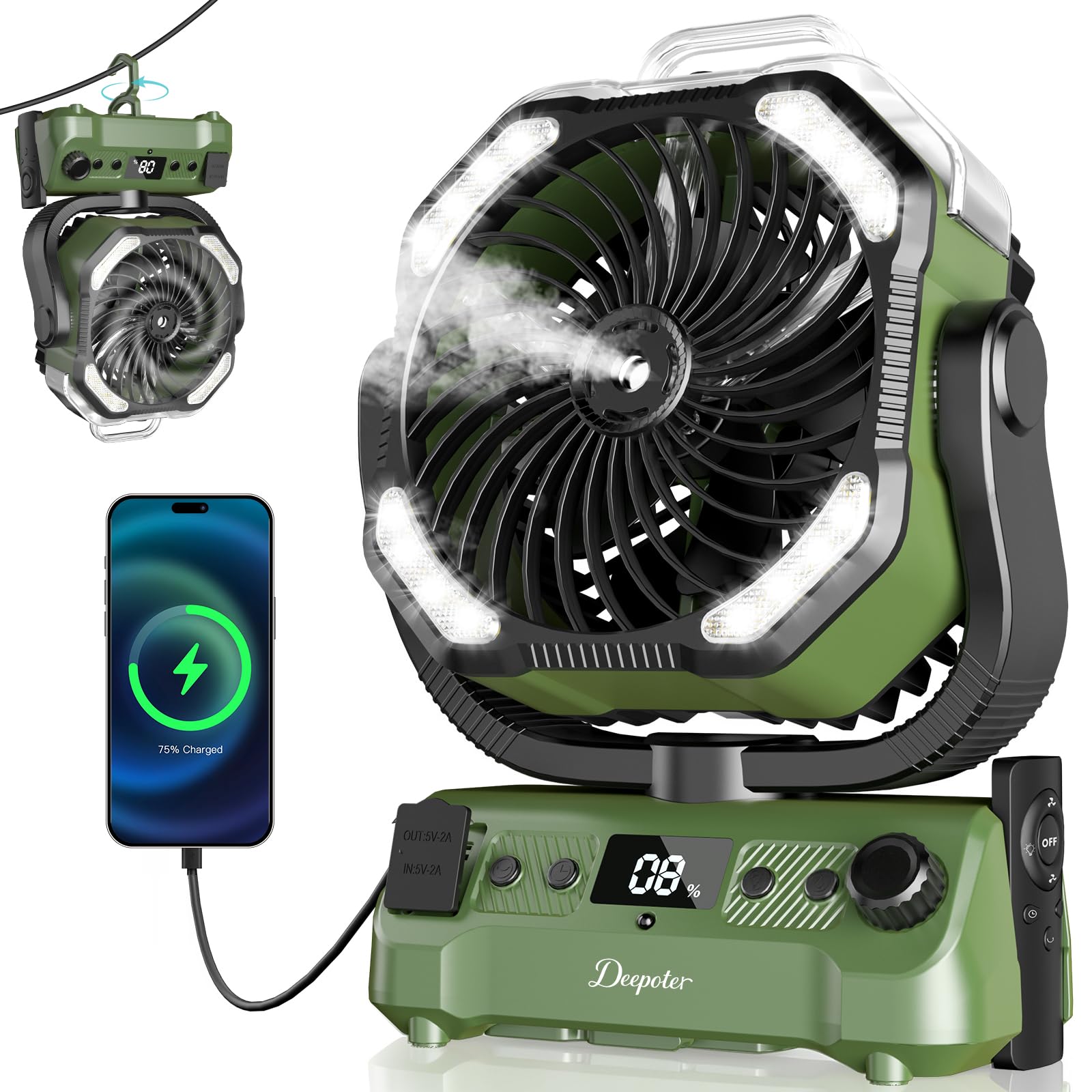 Ventilador Camping Portátil con Nebulizador y Luz LED, ventilador bateria recargable, Temporizador Rotación 270° Gancho para Colgar, Ideal para Camping Viajes Oficina (Verde)
