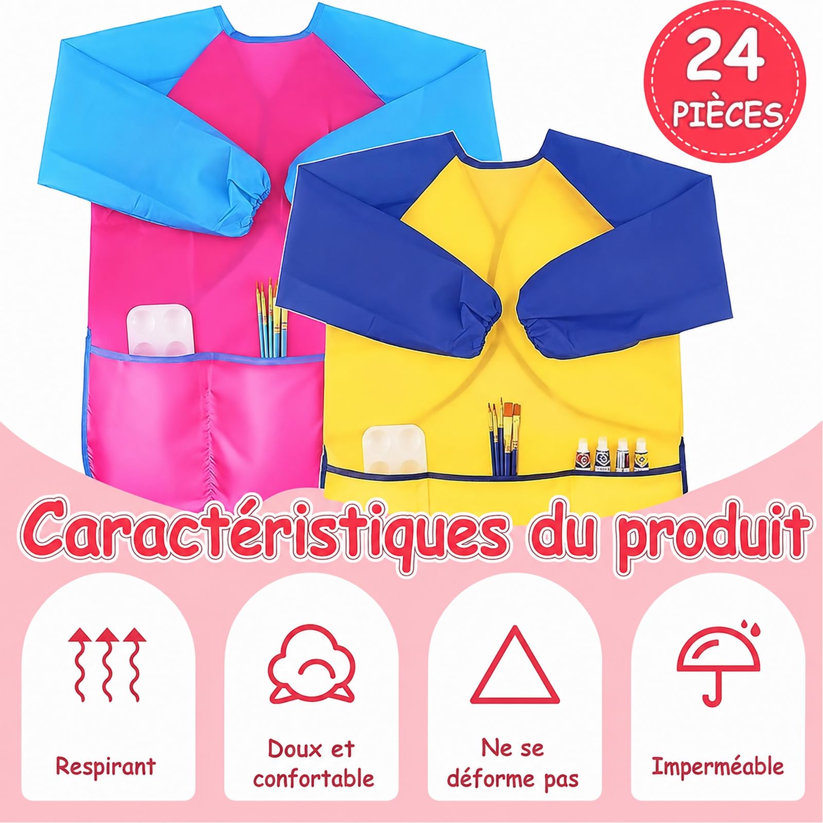 Lot de 24 Blouses de Peinture Enfants, 3-8 Ans, 12 Roses et 12 Jaunes