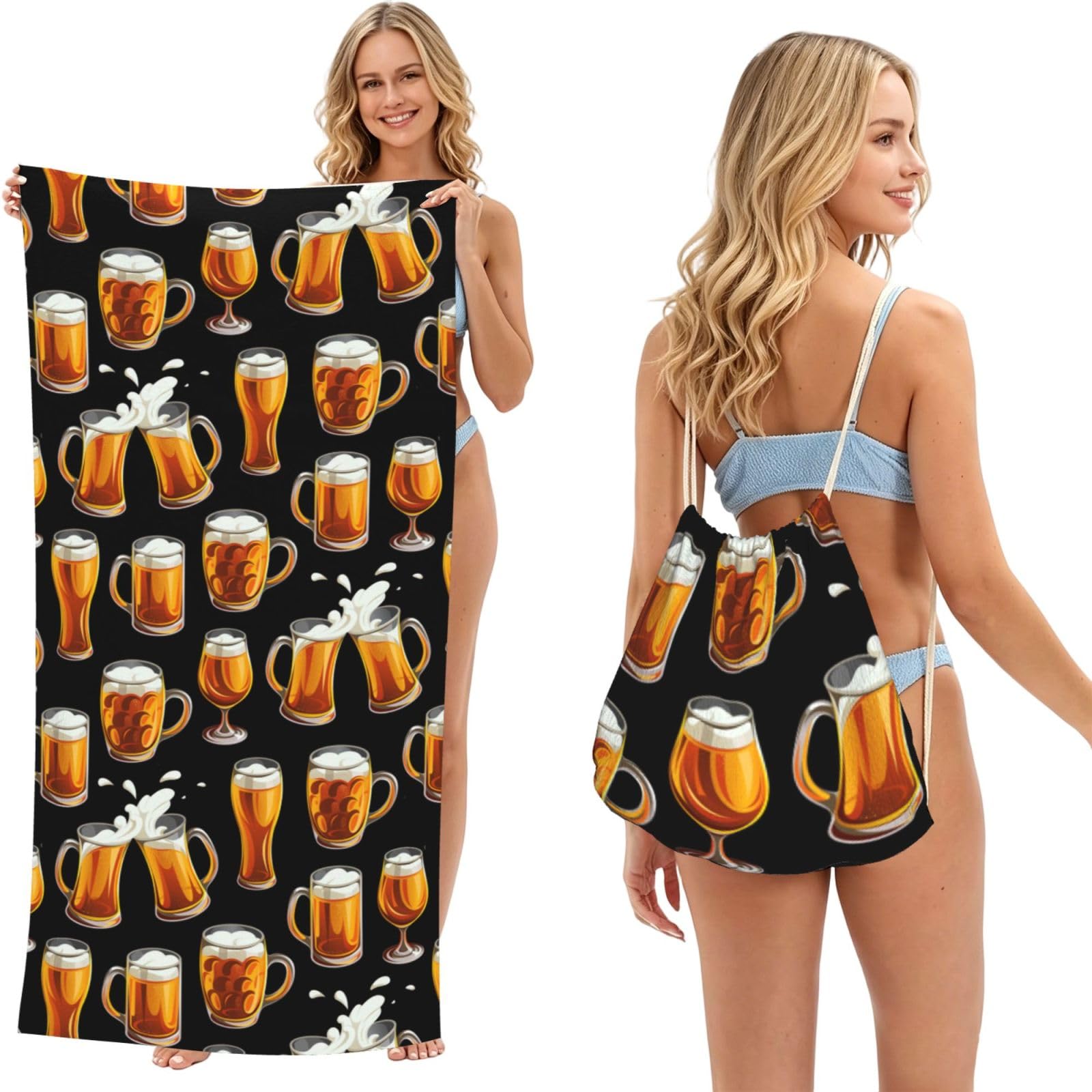 Poadnly As Picture Beer Glass, 2 In 1 Packable Towel Bag, Beach Towels With Drawstring Backpack For Travel Holiday Camping