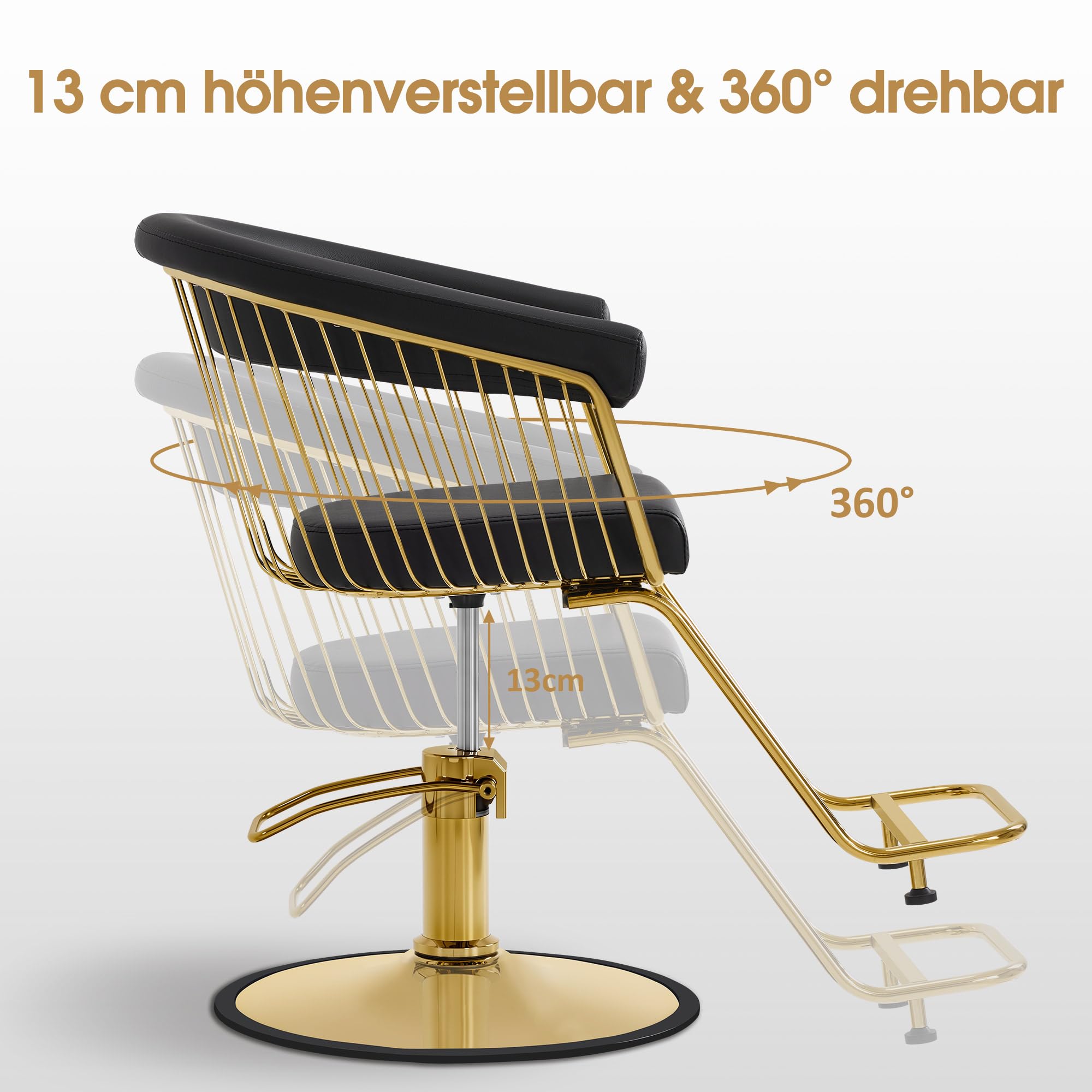 Barberpub Sedia da parrucchiere idraulica regolabile in altezza 13 cm & girevole 360°, seduta per salon, attrezzatura per parrucchieri, ecopelle, sedia servizio per salon, oro-nero, 2053