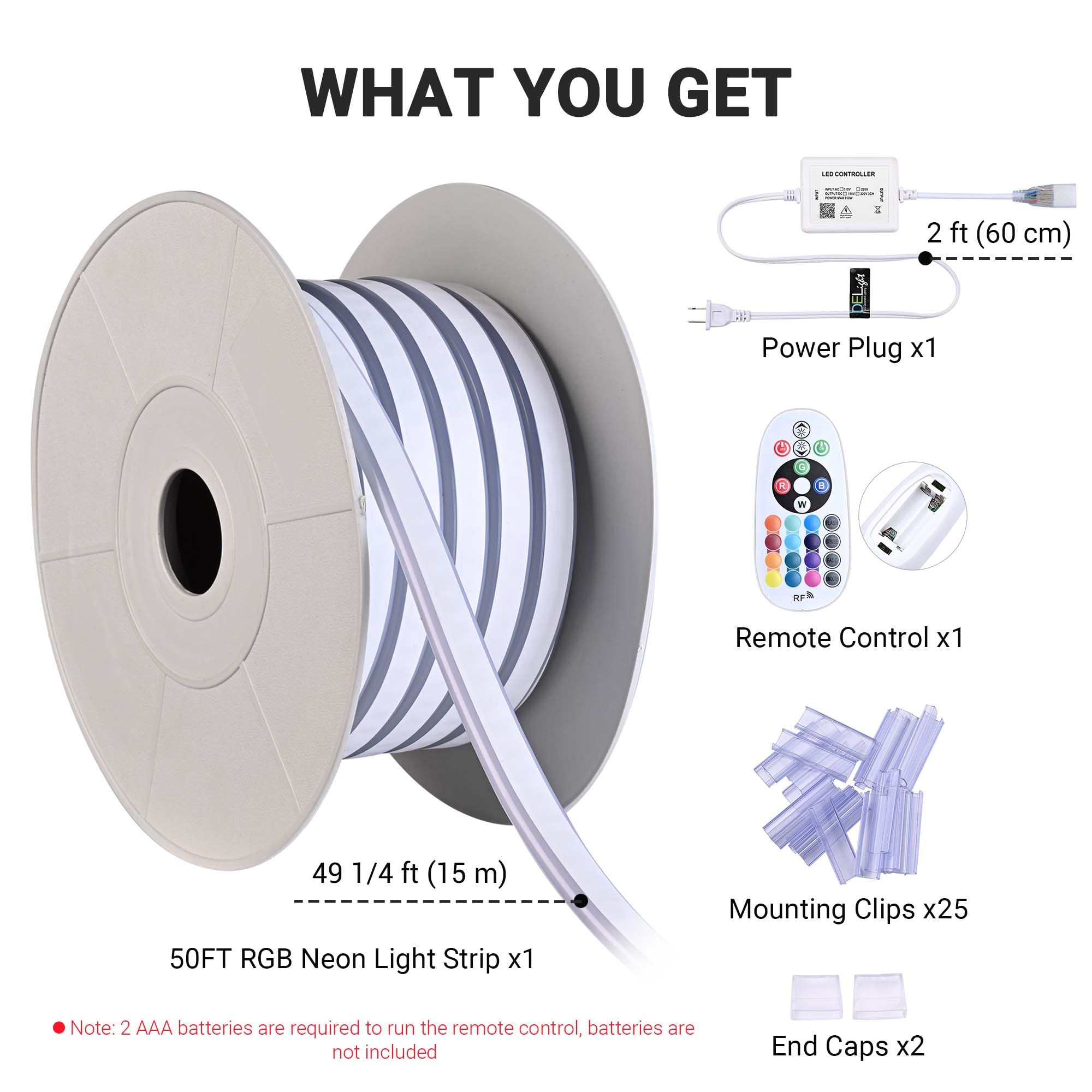 DELight 50FT/15m RGB LED Strip Neon Rope Lights with APP & Remote Control, IP65 AC 110V Waterproof Music Sync Dimmable Cuttable SMD3535 LED Lights DIY for Party Birthday Outdoor Gaming Room DEL-D50R