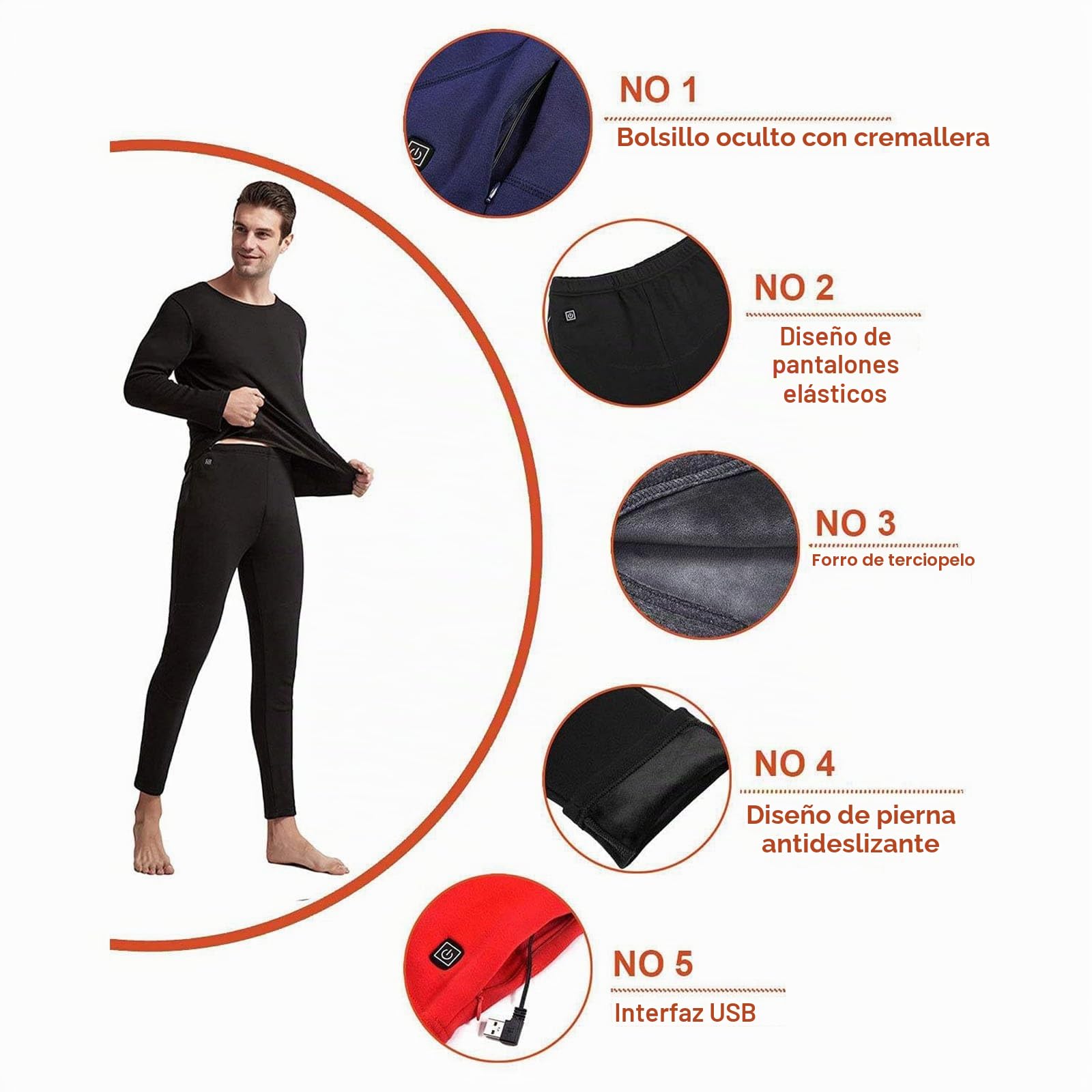 Conjunto de ropa interior con calefacción acogedora para mujer y hombre, 6 zonas con forro polar eléctrico con calefacción USB, pantalones calefactables de manga larga, camisetas con 3 niveles de cale