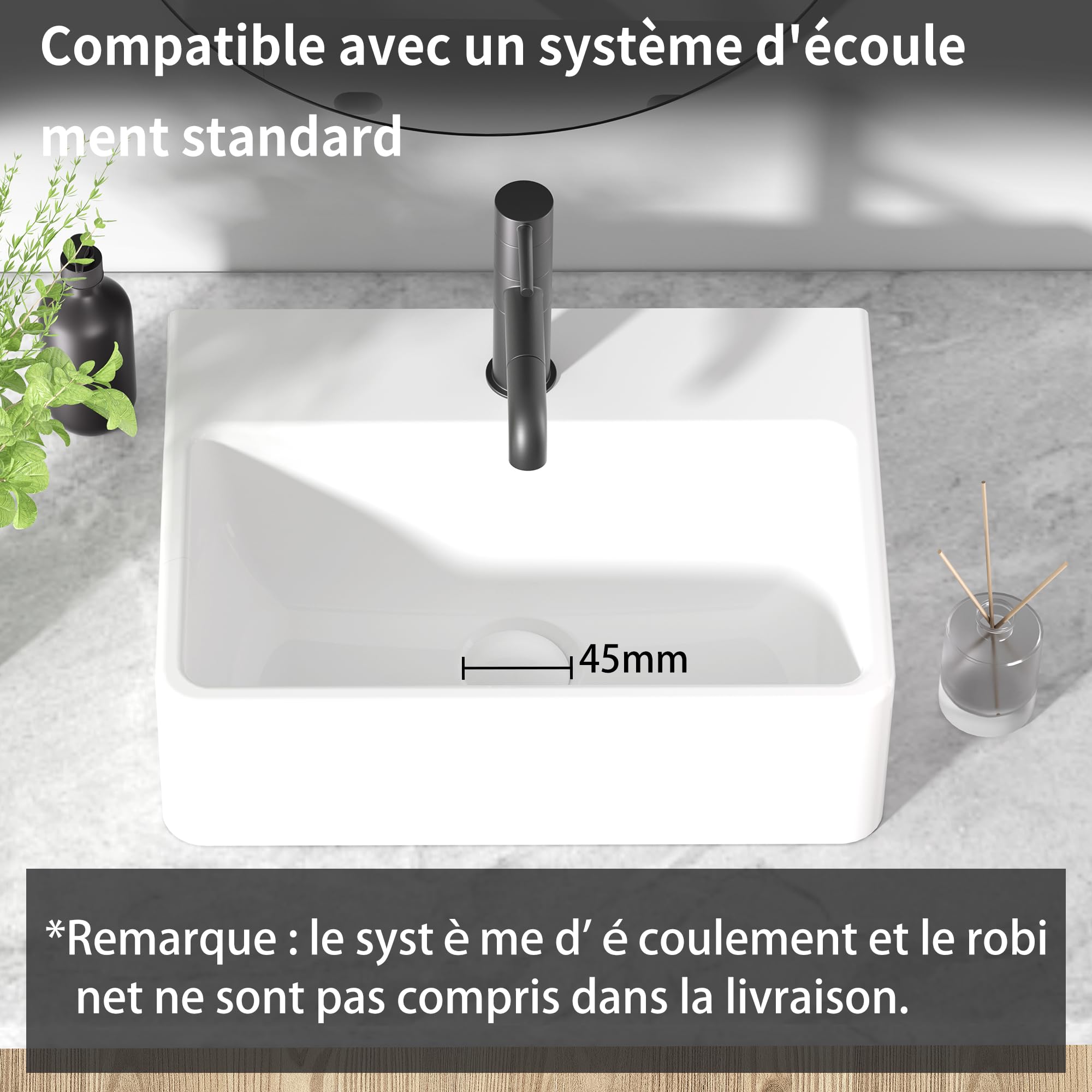NUESTRA VIDA Vasque à Poser Rectangle en Céramique Blanc, Lavabo Salle de Bain Facile à Nettoyer, Lave Main pour Salle de Bains et WC (40x29,5x12 cm)