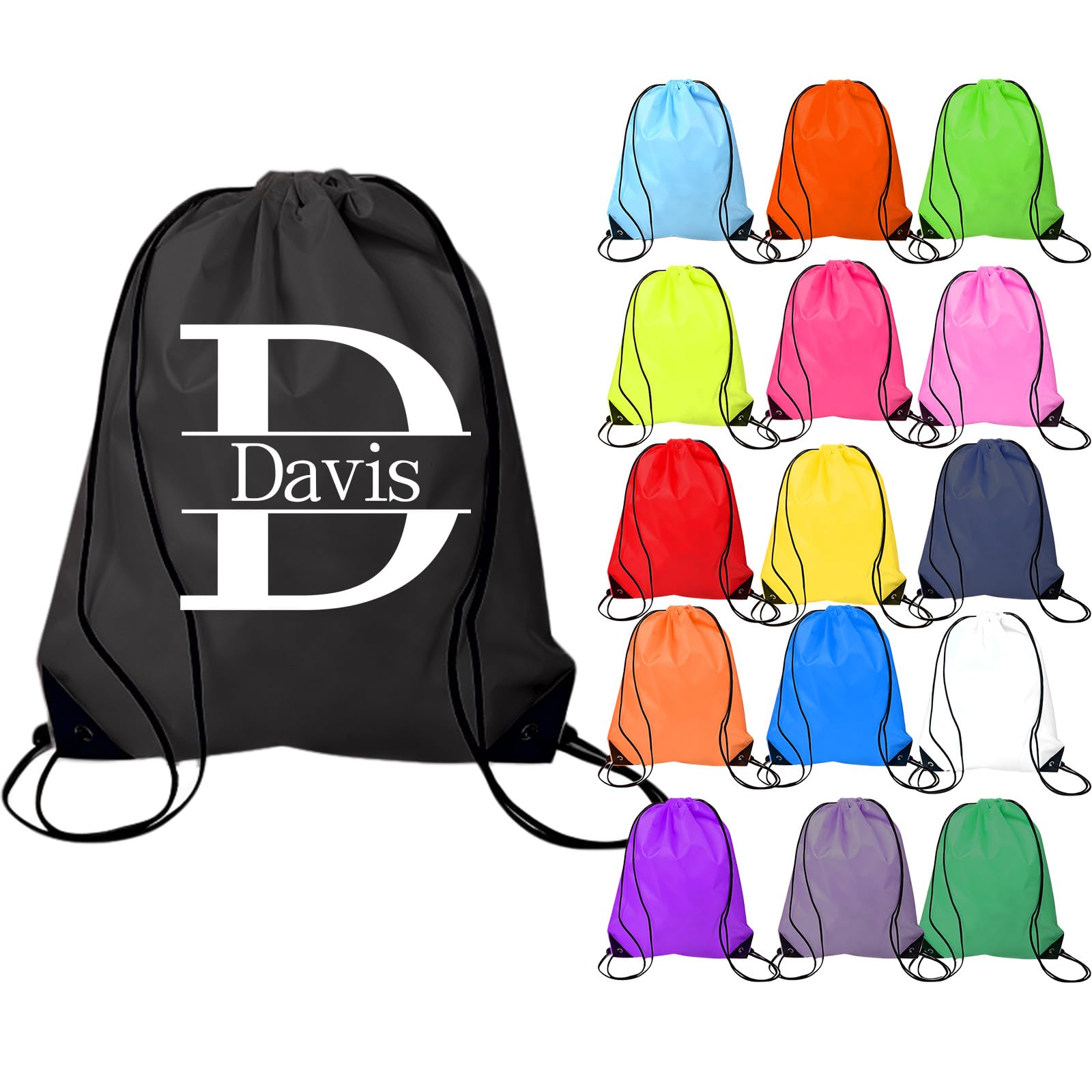 JPHCHSC Personalised Drawstring Bags for Kids & Adults With Image Logo Text Name- Swim, Gym, Sports & Travel (﻿ Wihte Initial and Name, 1)