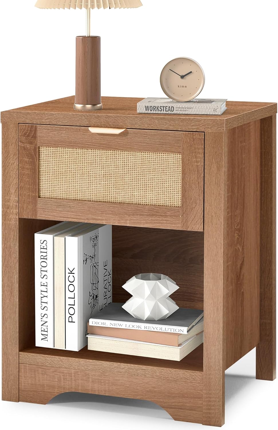 HOMREST Rattan Nightstand, Farmhouse Bedside Table with Drawer & Open Storage Shelf, Boho Night Stand with Metal Handle & Sturdy Frame for Bedroom, Living Room （ Brown）