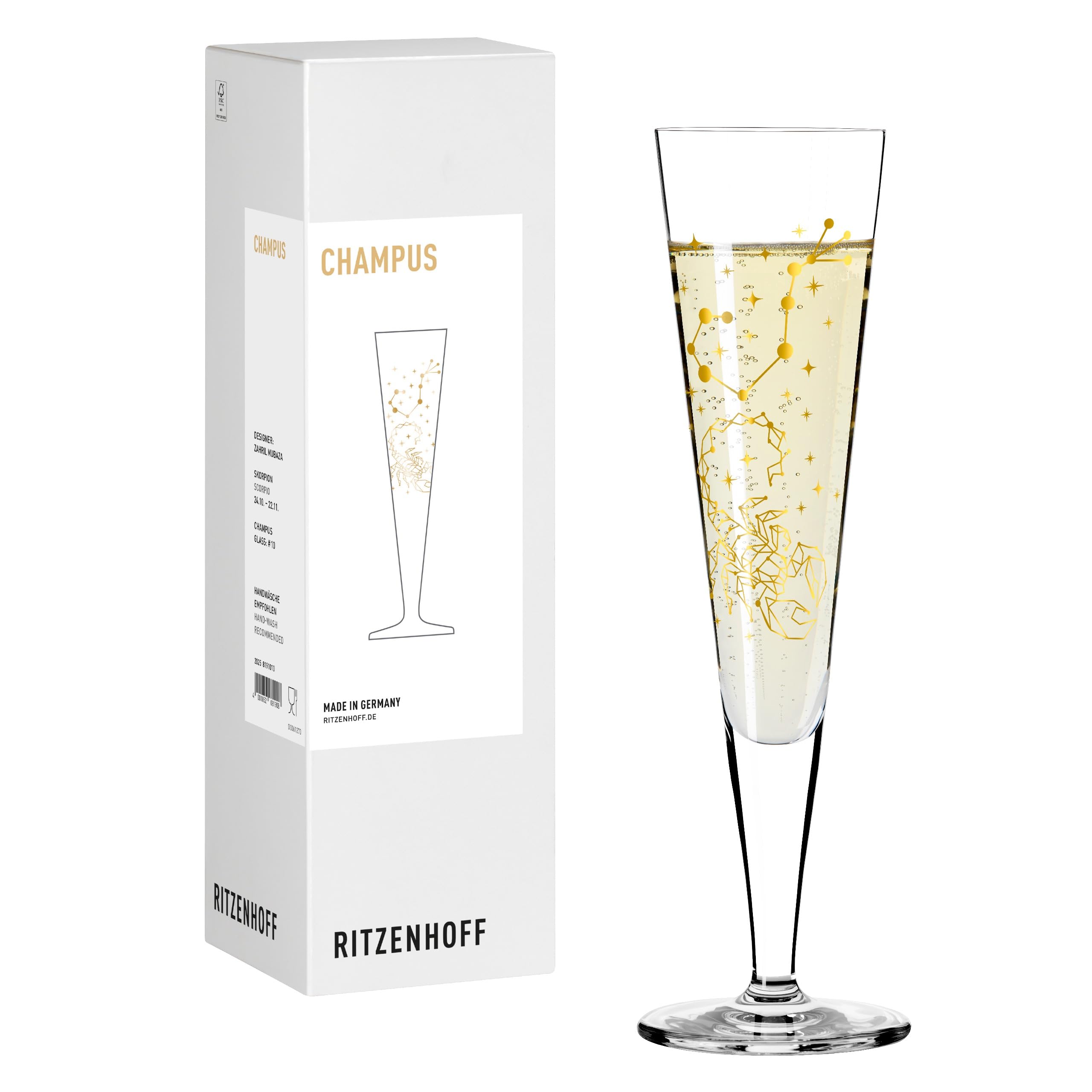 RITZENHOFF 8191010 Champagnerglas 200 ml - Serie Astro - Motiv Sternzeichen Skorpion mit Echt-Gold, Made in Germany