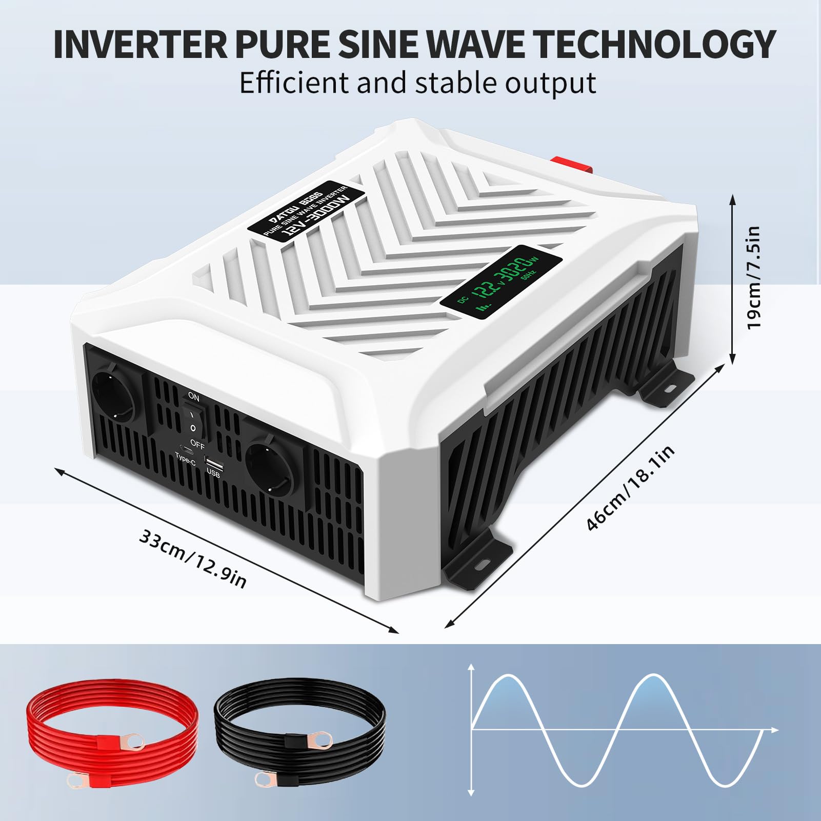 3000W Wechselrichter 12V auf 230V Reiner Sinus, Spanungswandler 6000W Spitze, Power Inverter mit 2 EU Steckdosen,1 USB-C & 1 USB-A Anschluss,LCD-Anzeige,Wohnmobil LKW Solaranlage Kfz(12V-3000W)