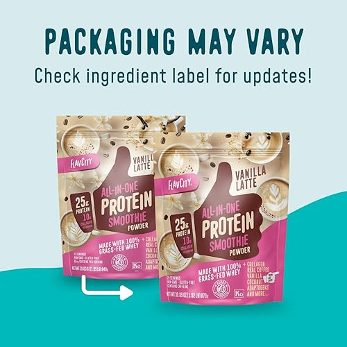 Miniatura 2 de Polvo de proteína de suero de FlavCity alimentado con pasto - Vainilla Latte - 25g de proteína, 10g de colágeno y 60mg de cafeína - Hecho con vaina