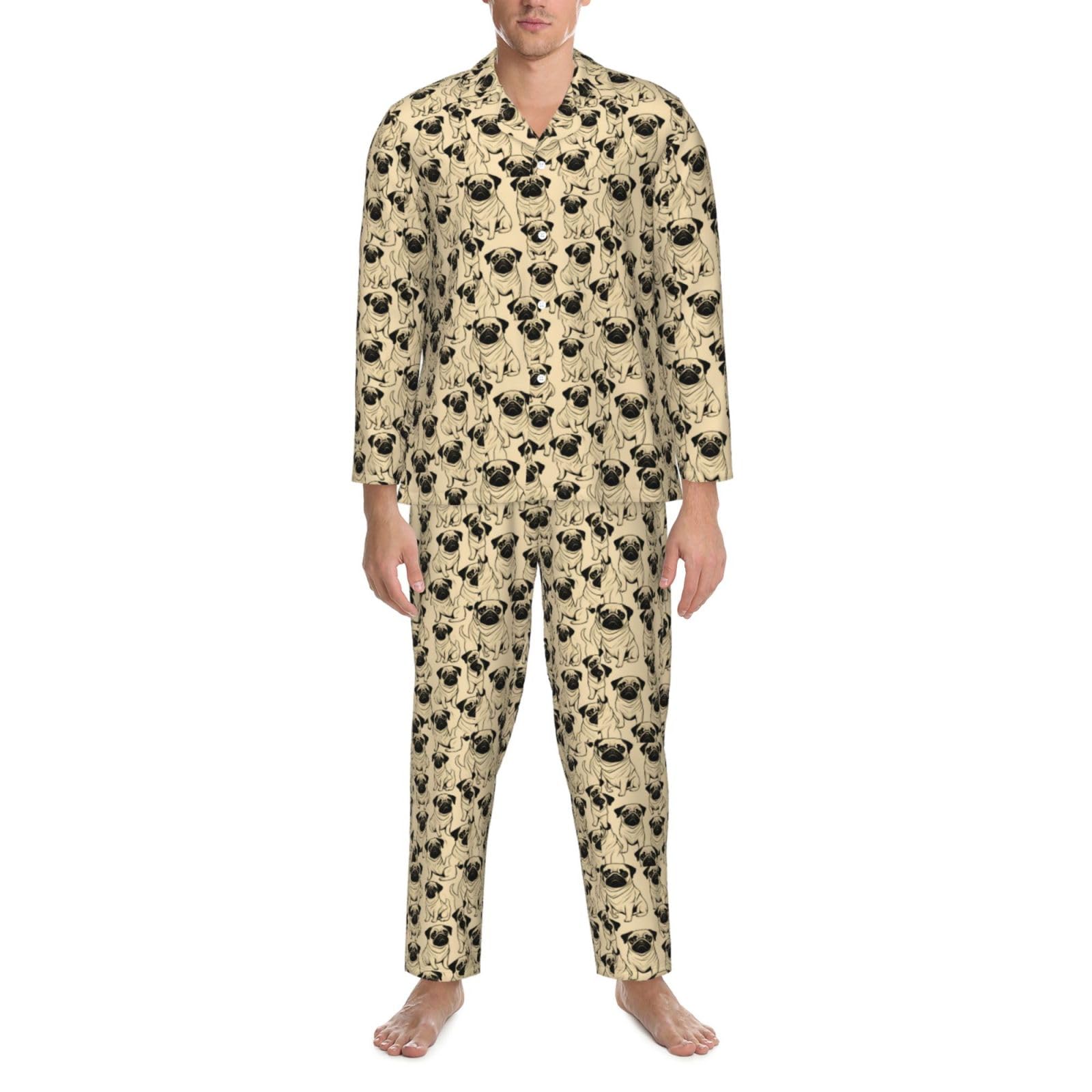 Herren-Pyjama-Set, langärmelig, mit niedlichem Mops-Aufdruck, zweiteilig, bequeme Nachtwäsche