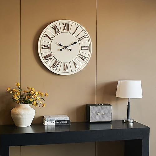 Miniatura 3 de Reloj de pared grande de granja de 24 pulgadas, blanco rústico, número romano envejecido, cara de metal, funciona con pilas, reloj de pared
