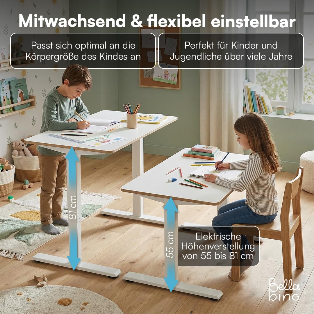 Bellabino Toro Kinderschreibtisch elektrisch höhenverstellbar – ergonomischer Schreibtisch für Kinderzimmer – Schülerschreibtisch ab 6 Jahren – LED-Höhenanzeige mit 3 Speicherplätzen & Kindersicherung