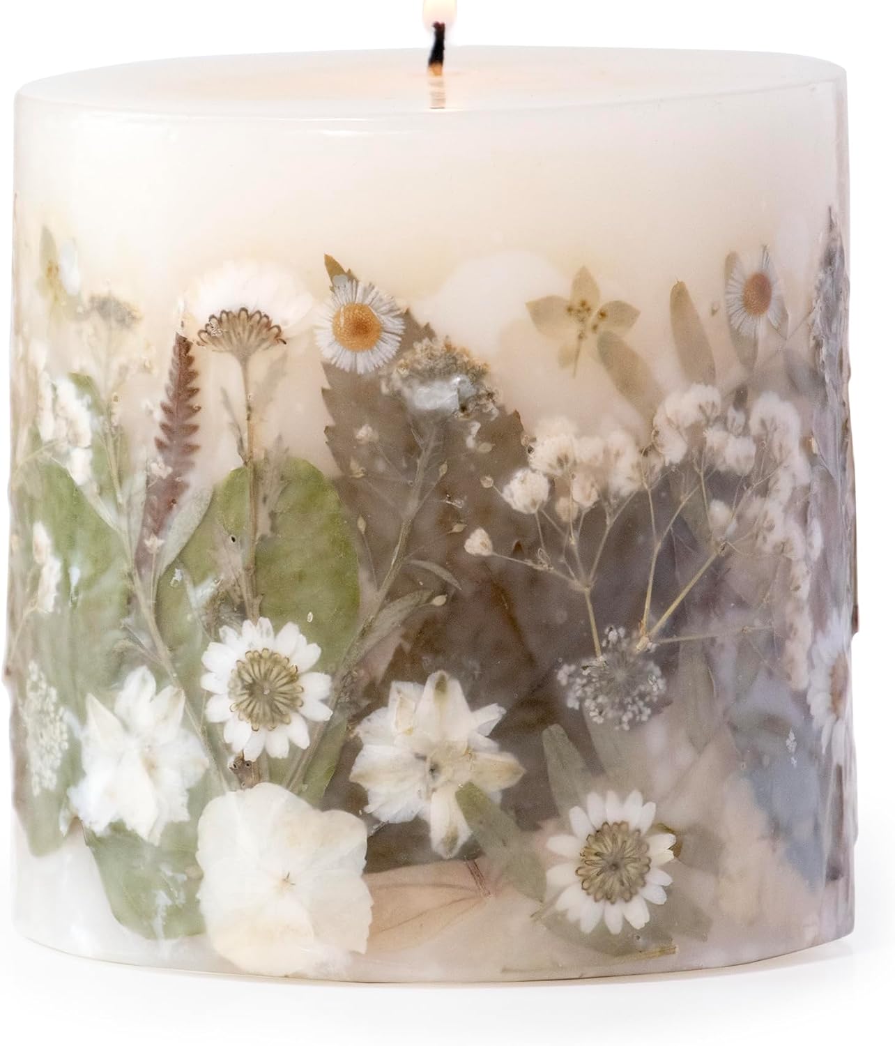 ANDALUCA Pressed Real Flowers Handcrafted Botanical Floral Pillar Candle (Natural White)