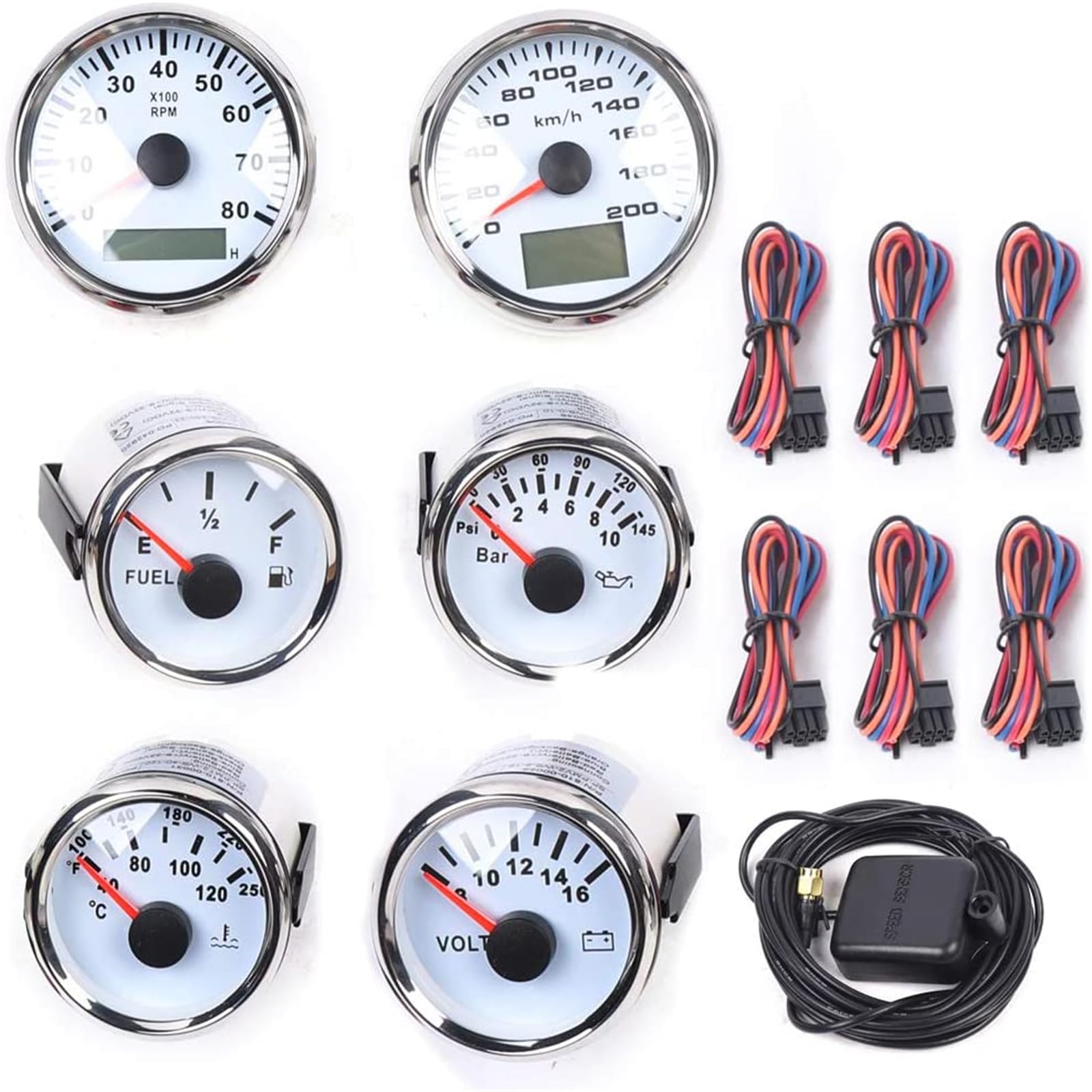 Universal 6 Gauge Set Kit, GPS Electrical Speedometer Fit Car Marine Boat Yacht LED Digital Odometer White Dial Red Needle LED Illumination, Speedometer Fit 85mm 3-3/8" & Fuel Gauge Fit 52mm 2-1/16"