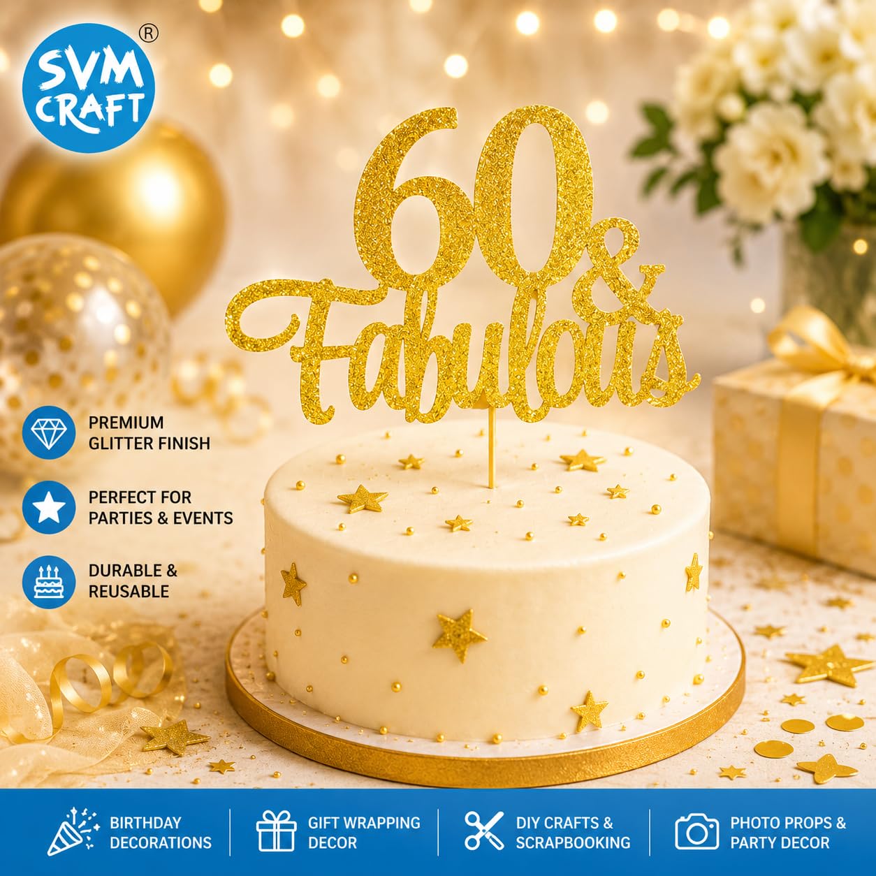 Gold Glitter 60th Birthday Cake Topper - "60 & Fabulous" -2