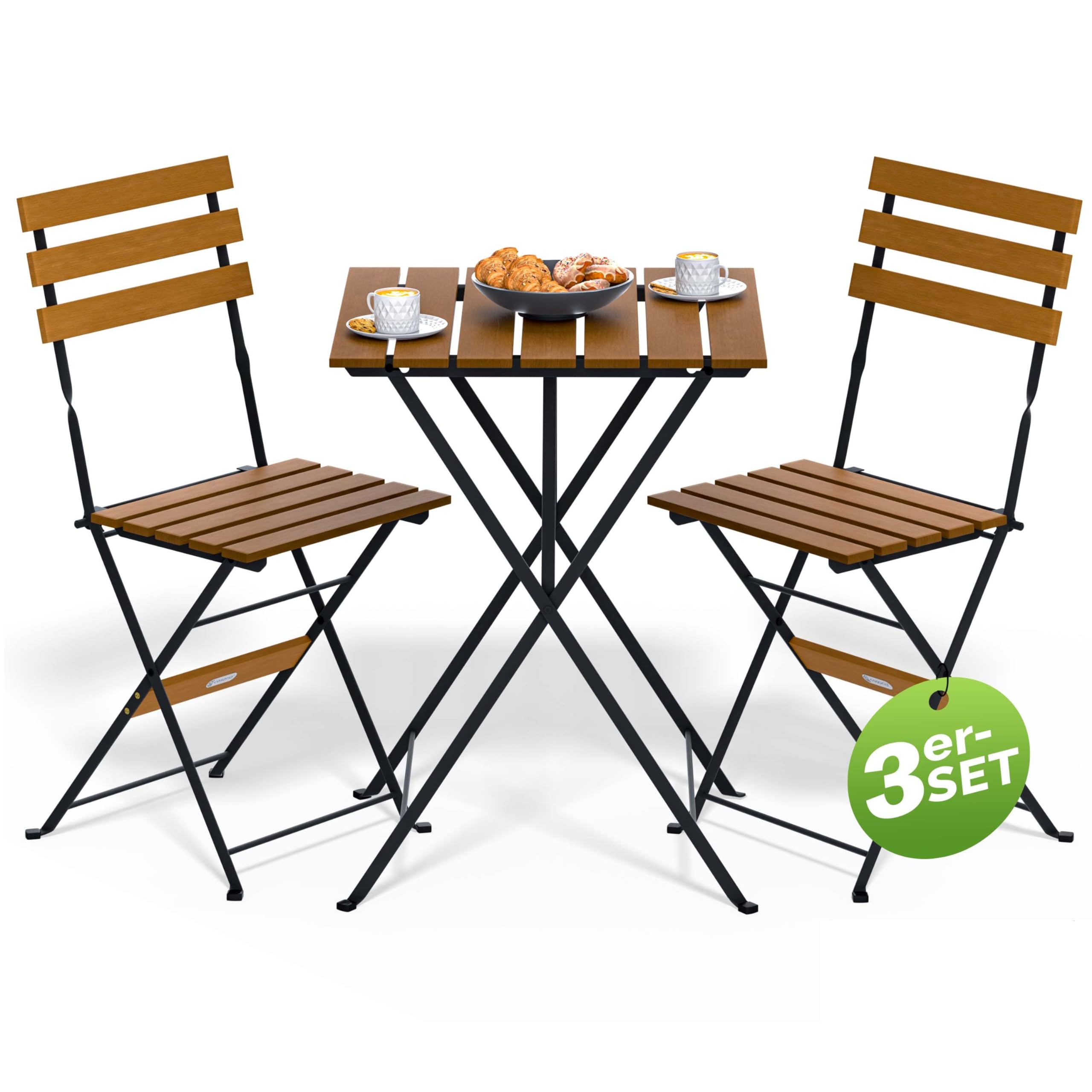 CASARIA® Set Muebles de Balcón 3 Pzs Mesa 2 Sillas Jardín Plegables Completo Metal Madera Acacia Certif FSC®