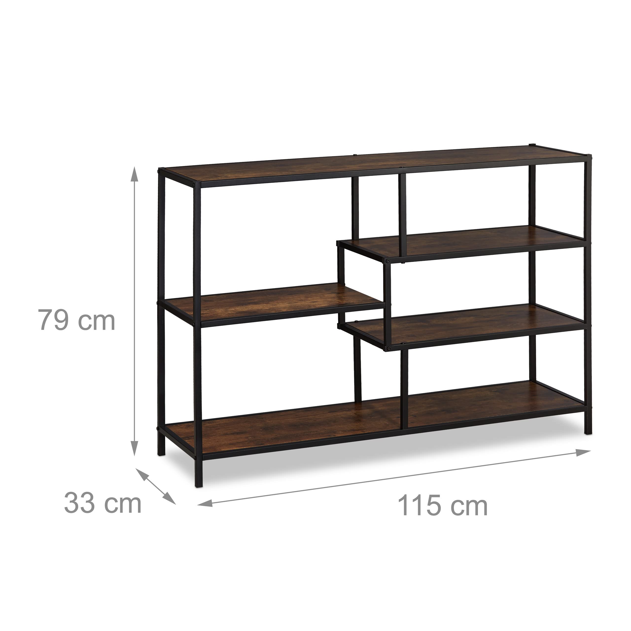 Relaxdays Scaffale in Stile Industrial, 5 Ripiani Effetto Legno Mobile Vintage Consolle 79x115x33 cm, Nero Marrone Scuro