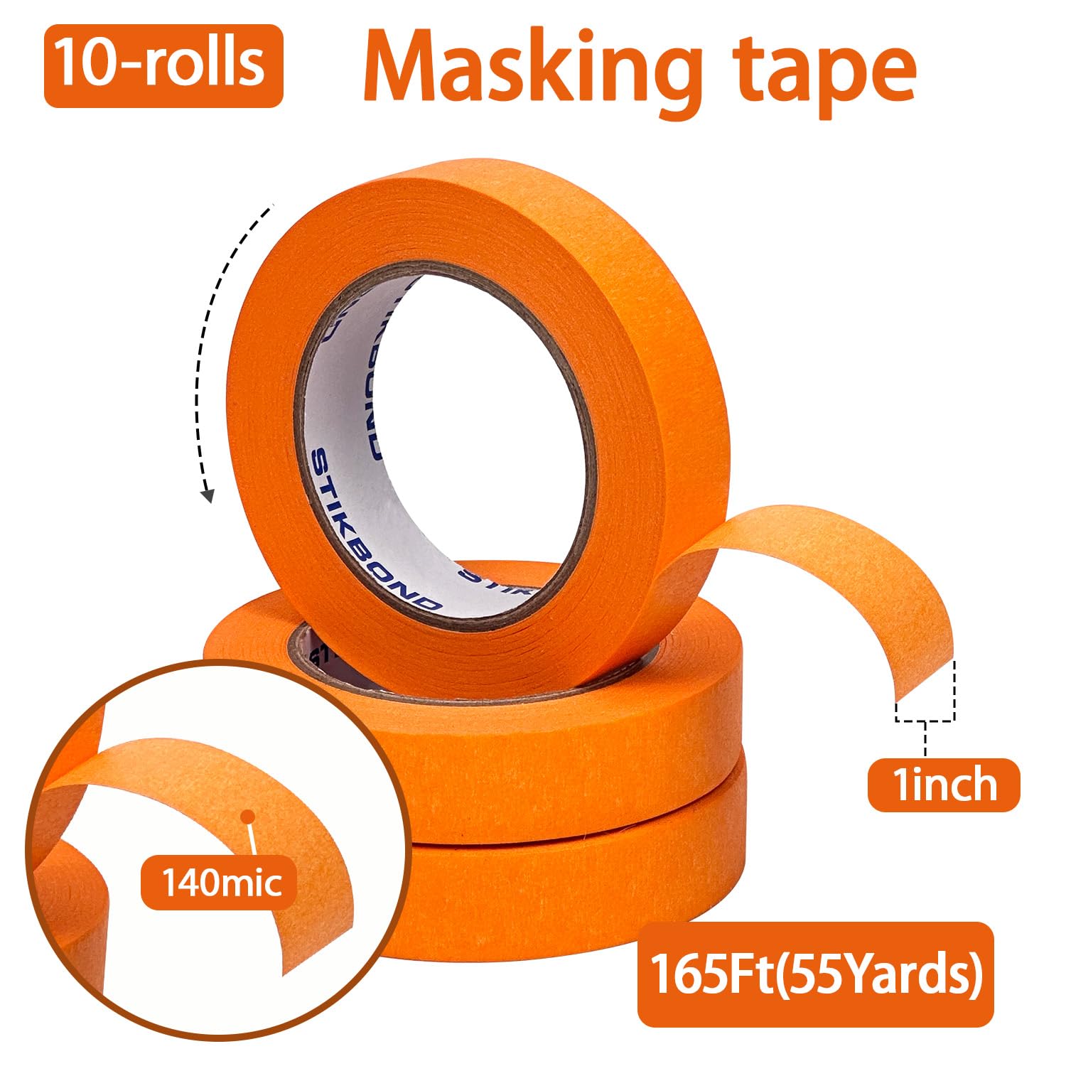 Orange Painters Tape 1 Inch x 55 Yards 10 Rolls (550 Total Yards), Medium Adhesive Masking Tape Bulk Multi Pack for Wall Painting, Furniture Painting, DIY Handmade Decoration