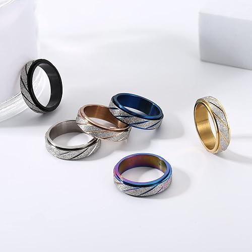 Miniatura 6 de JeryWe 6 anillos giratorios para la ansiedad para mujeres y hombres, anillos de acero inoxidable con arcoíris dorado plateado, anillo de alivio de