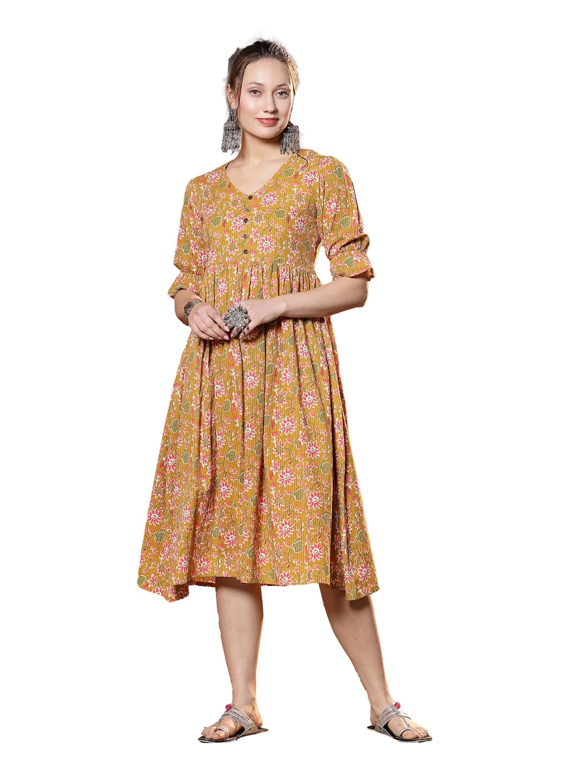 Stylum Women's Floral Printed Cotton A-Line Midi Dress (Drssiri44_Mustard, Xxl)