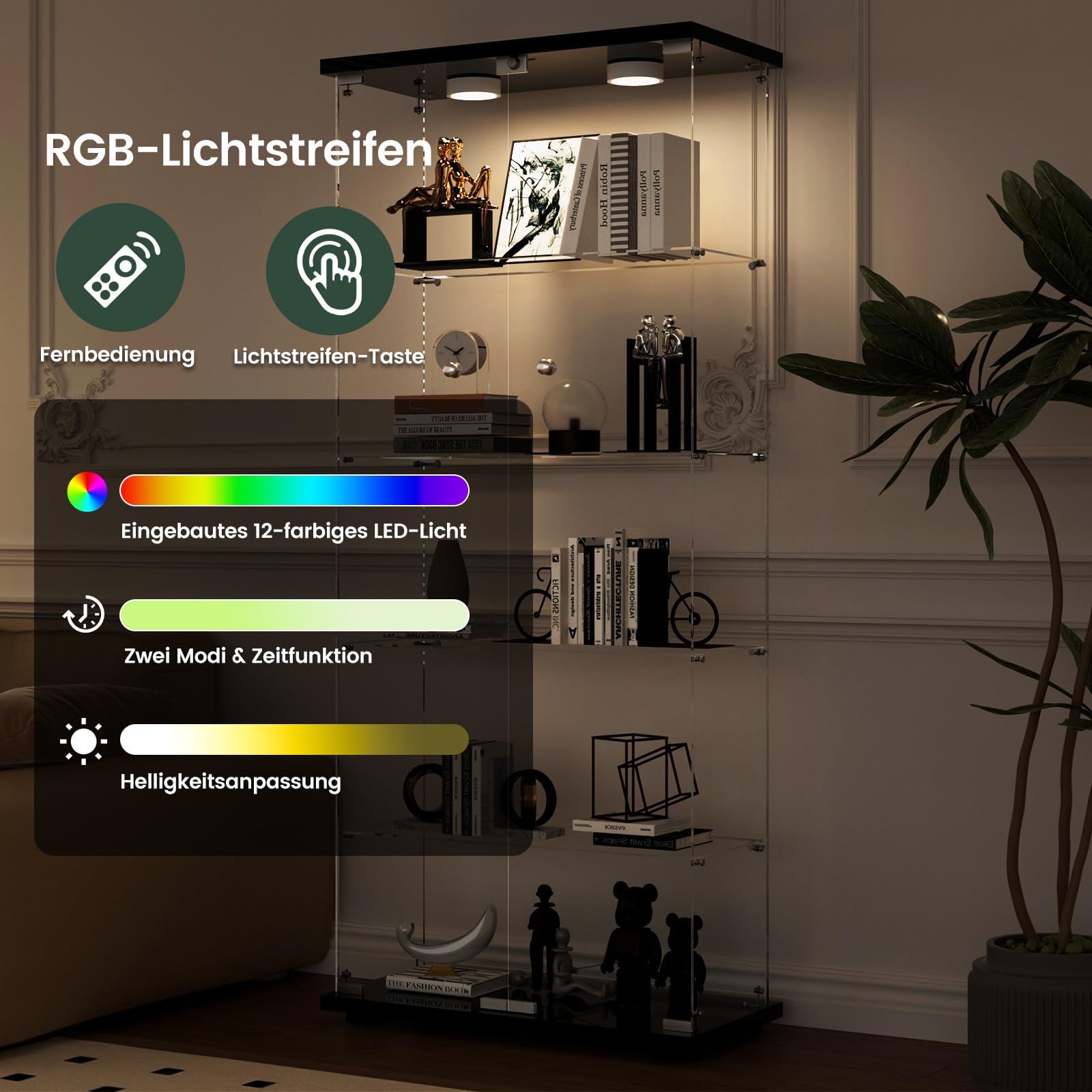 Aplancee Glasvitrine mit LED, 5 Ebenen und 2 Türen, 188x36x80 cm, Schwarz
