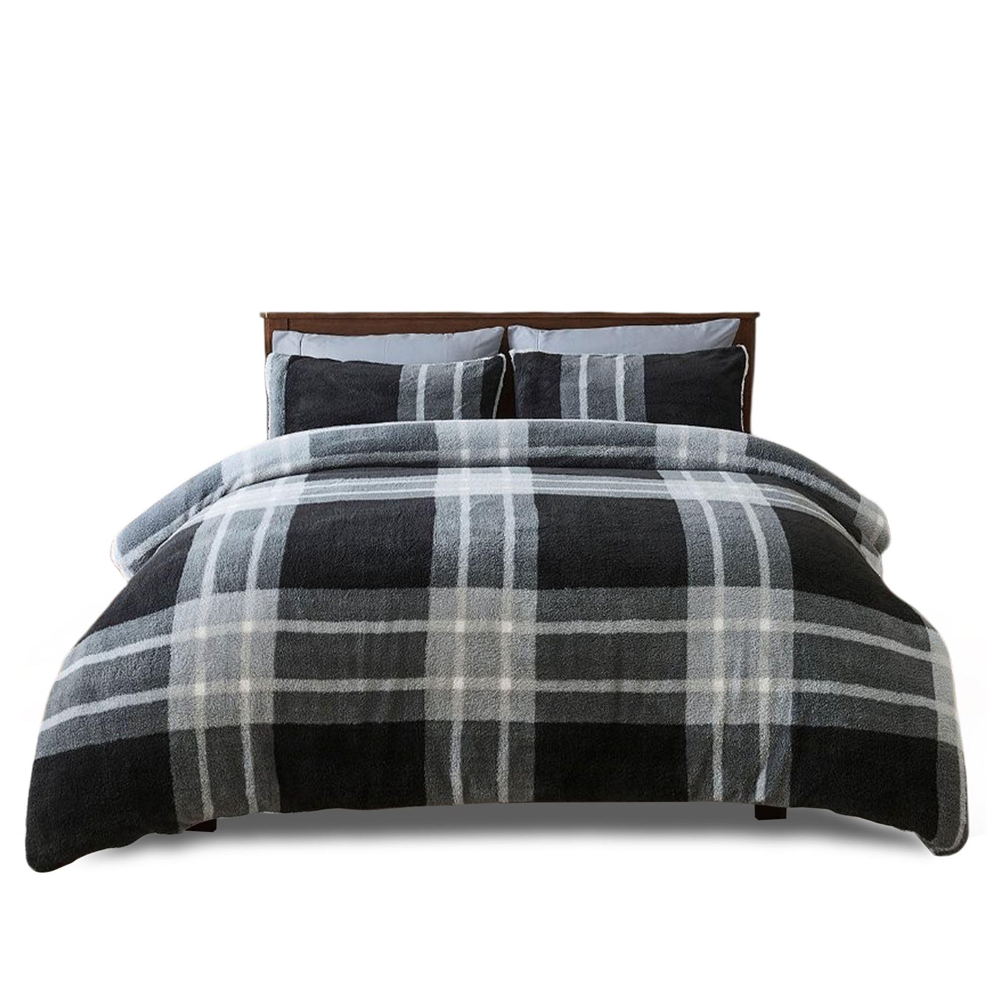 Velvetio Charcoal/Grey Teddy Fleece Duvet Cover Set With Pillowcases, Printed Fluffy Tartan Check Bedding Bedset King, Thermal Warm Checkered Comforter Coverlet,
