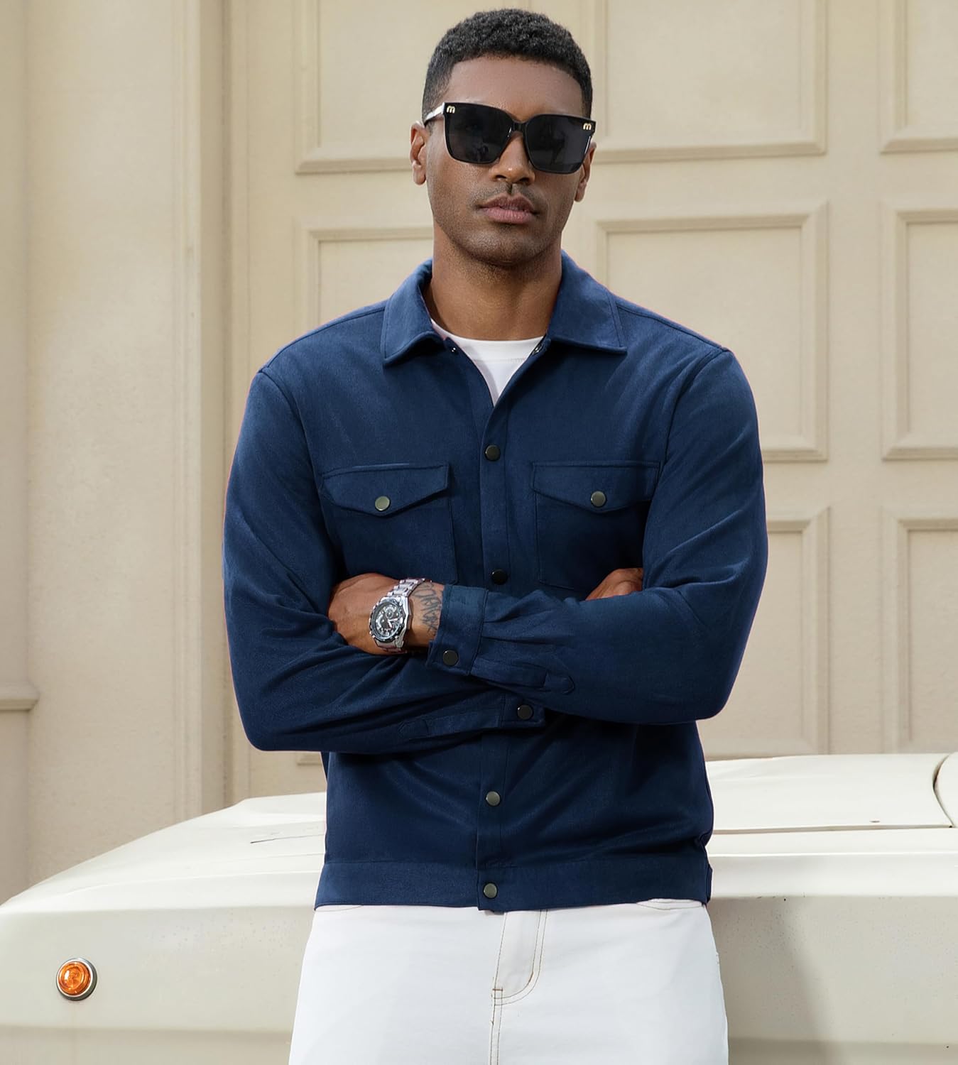 Alex Vando Mens Suede Shirt Jackets Long Sleeve Two Pockets Snap Casual Button Down Shirts - Image 2