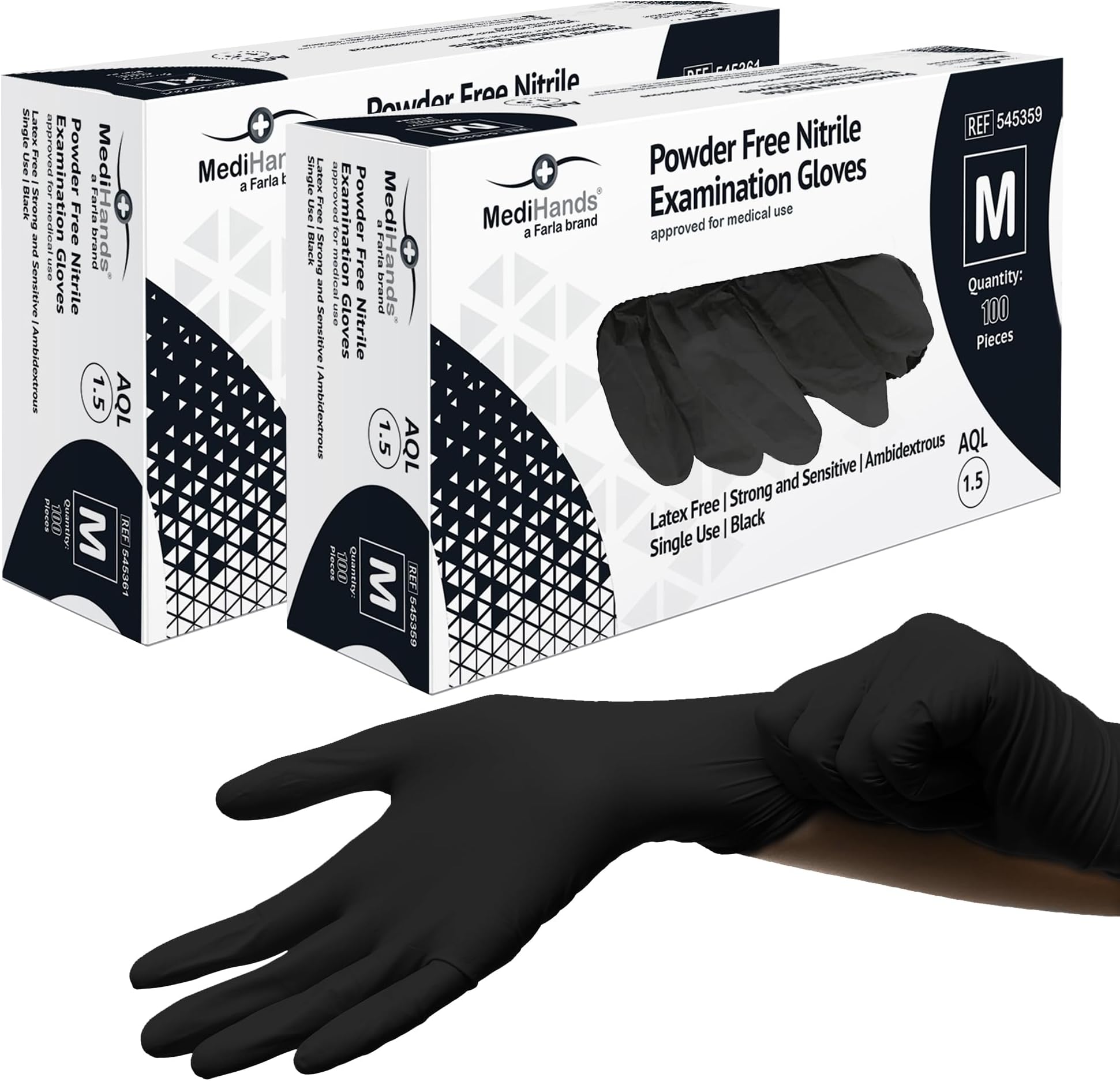 Farla Medical MediHands Disposable Medium Nitrile Gloves - Powder Free and Latex Free Surgical Gloves - Multi-Purpose, Single Use Medical Gloves - Box of 200, Black