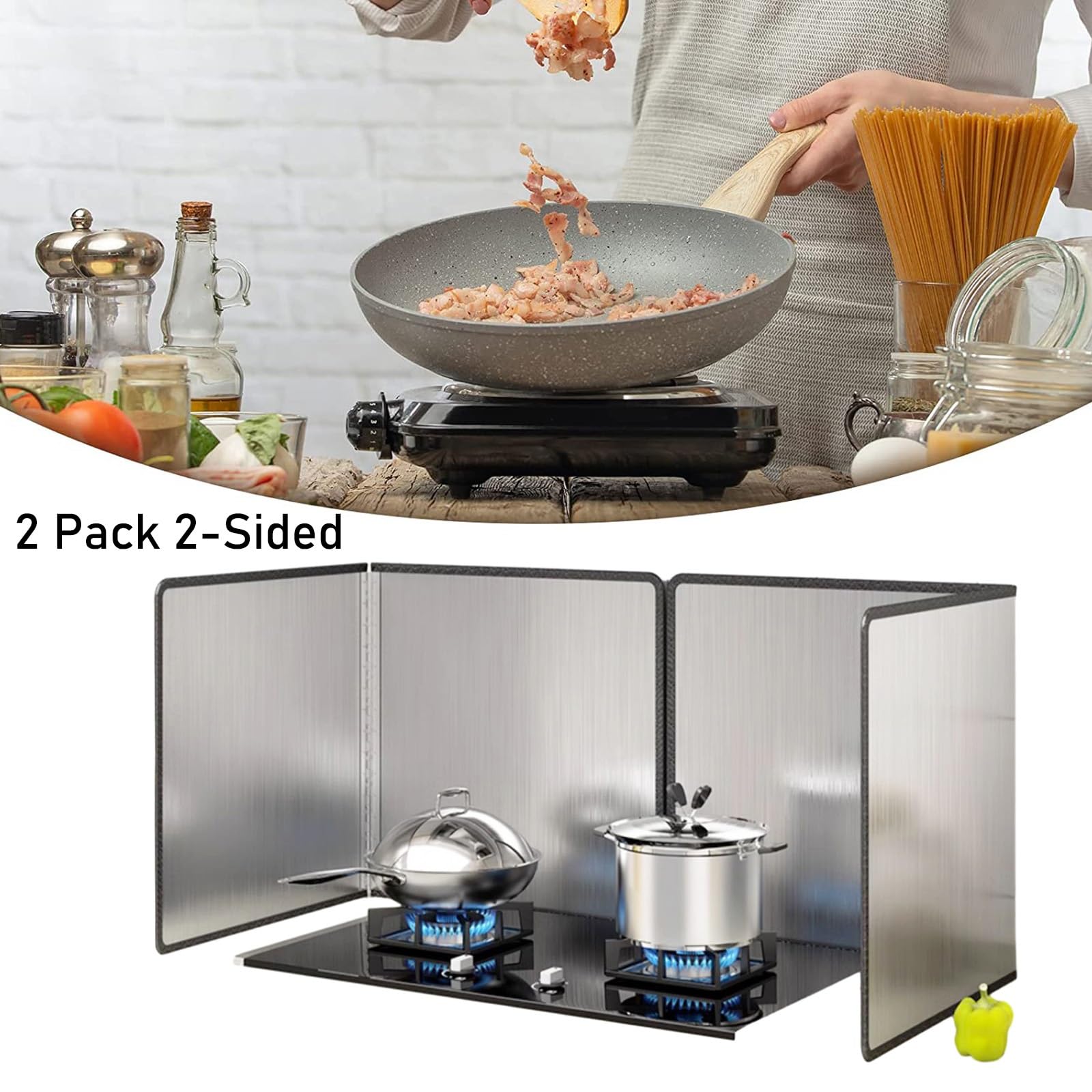 Juego de 2 protectores plegables de acero inoxidable para estufa, de doble cara, 35 x 35 cm, protector de grasa para cocina, fácil de limpiar, tamaño ajustable para seguridad en la cocina