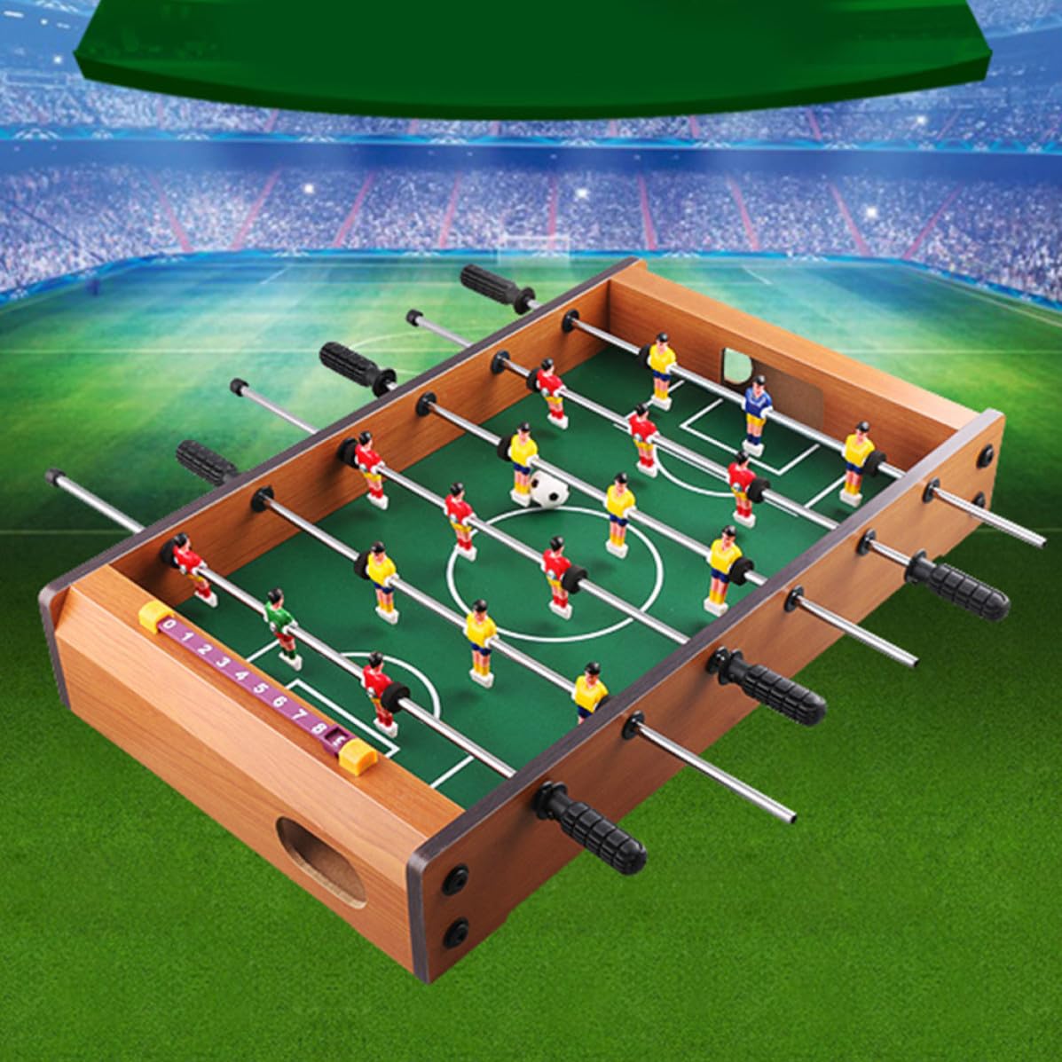 Mini Calcio Balilla da Tavolo in Mdf Sei Aste e Striscia Punteggio, Gioco da Tavolo Portatile e Adulti, per Serate in Famiglia