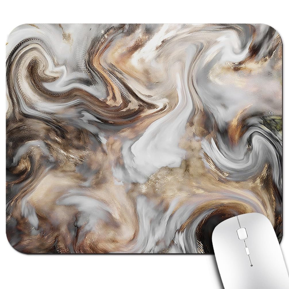 Marble Print Office/Gaming Mouse Pad 9.5"x7.9", Anti-Slip Mat for Desk, Retro Paintbrush Colors in Marbling Texture Watercolor Art (Gold White Grey)