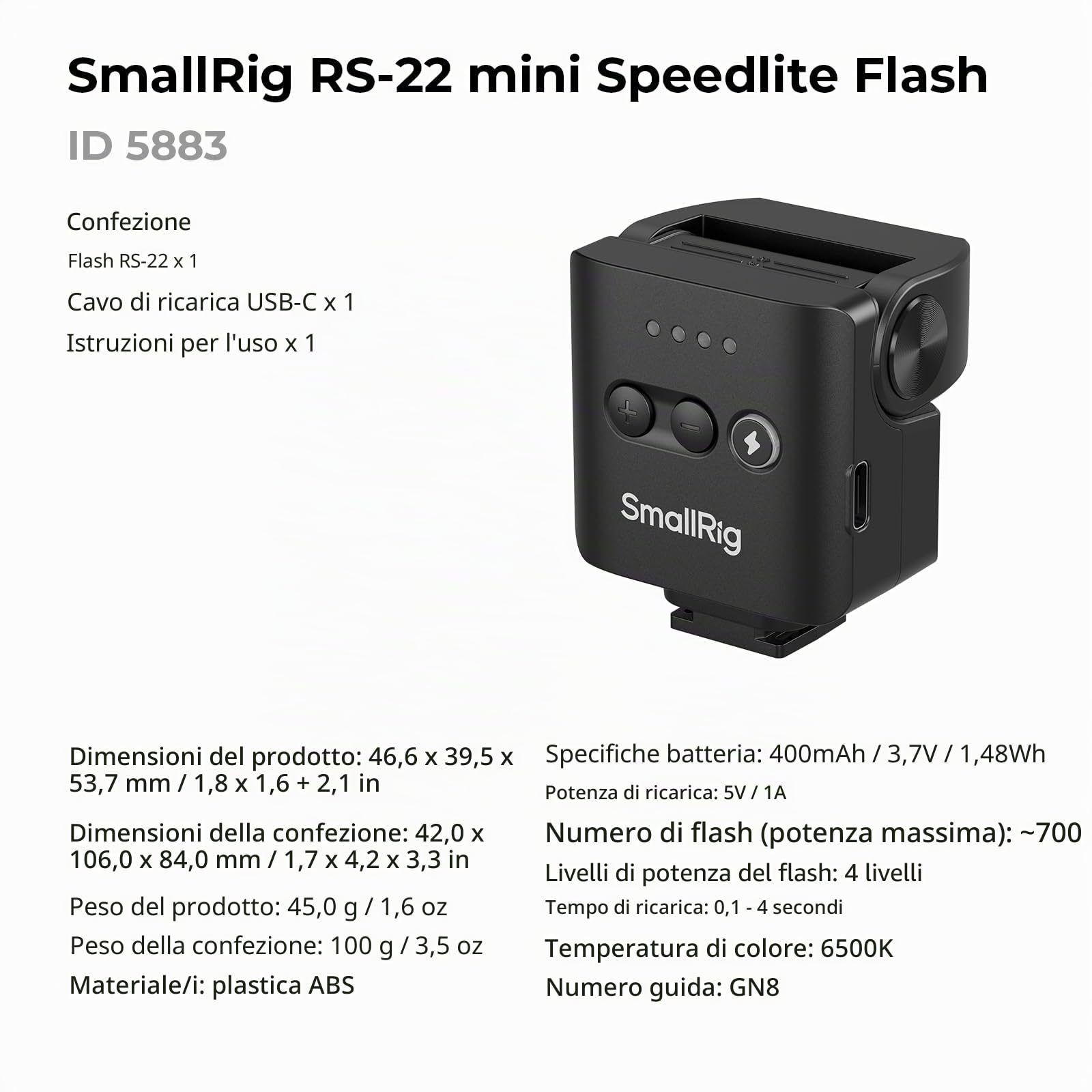 SMALLRIG RS-22 - Mini flash per fotocamera Sony, Nikon, Canon, Fuji, Speedlite manuale GN8, regolabile a 85°, 4 livelli 1/1-1/8, 700 flash a piena potenza, 6500 K, batteria da 400 mAh, 5883