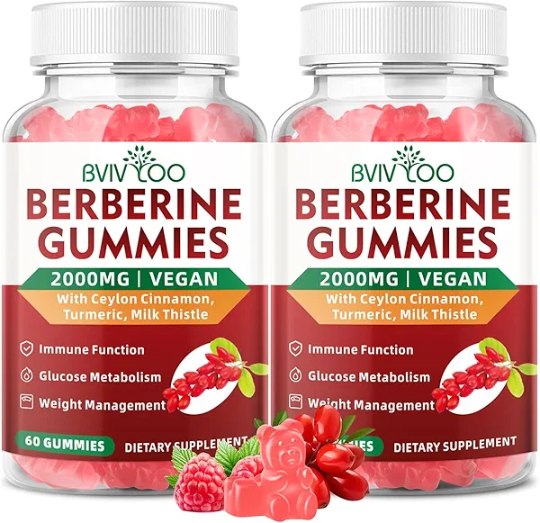BVIVLOO 2 Pack Berberine Gummies, 2000mg High Potency Berberine HCI Supplement, Plus Ceylon Cinnamon, Milk Thistle for Women & Men, Immune System & Metabolism Support - 120 Gummies