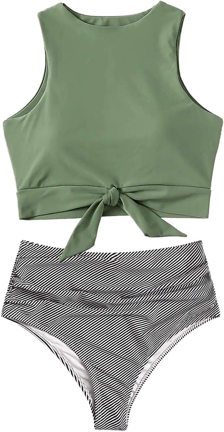 Floral Crop Tie Knot Front High Waisted California Bikini Set Hawaii Two Piece Swimsuit for Women