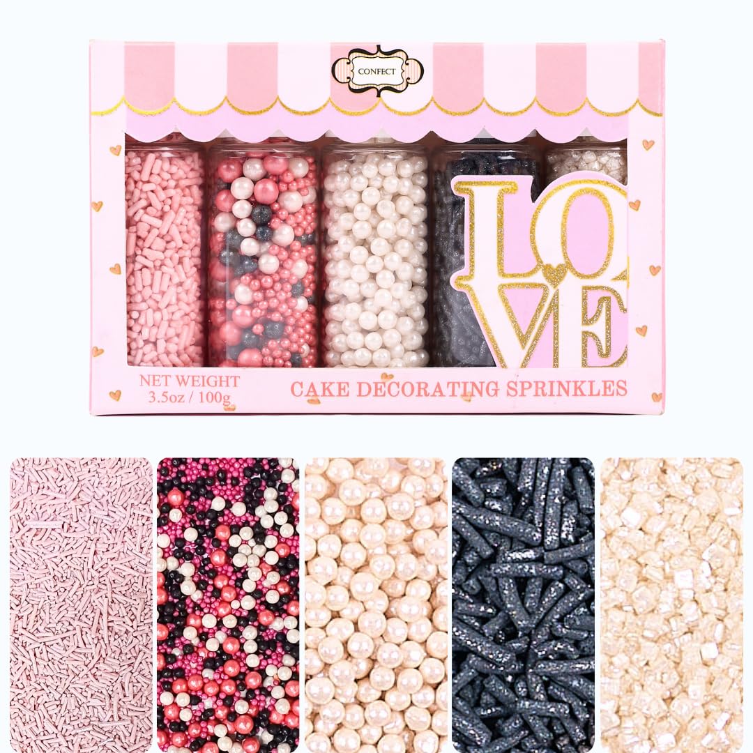 Confect Sprinkles for Cakes & Cupcakes Decoration Assorted Pack of 5 ​Backyard Bake Off Sprinkles Mix Black, Pink & Pearl Dragees Baby Pink & Black Jimmies Sparkling Pearl Sugar - 3.5 Oz