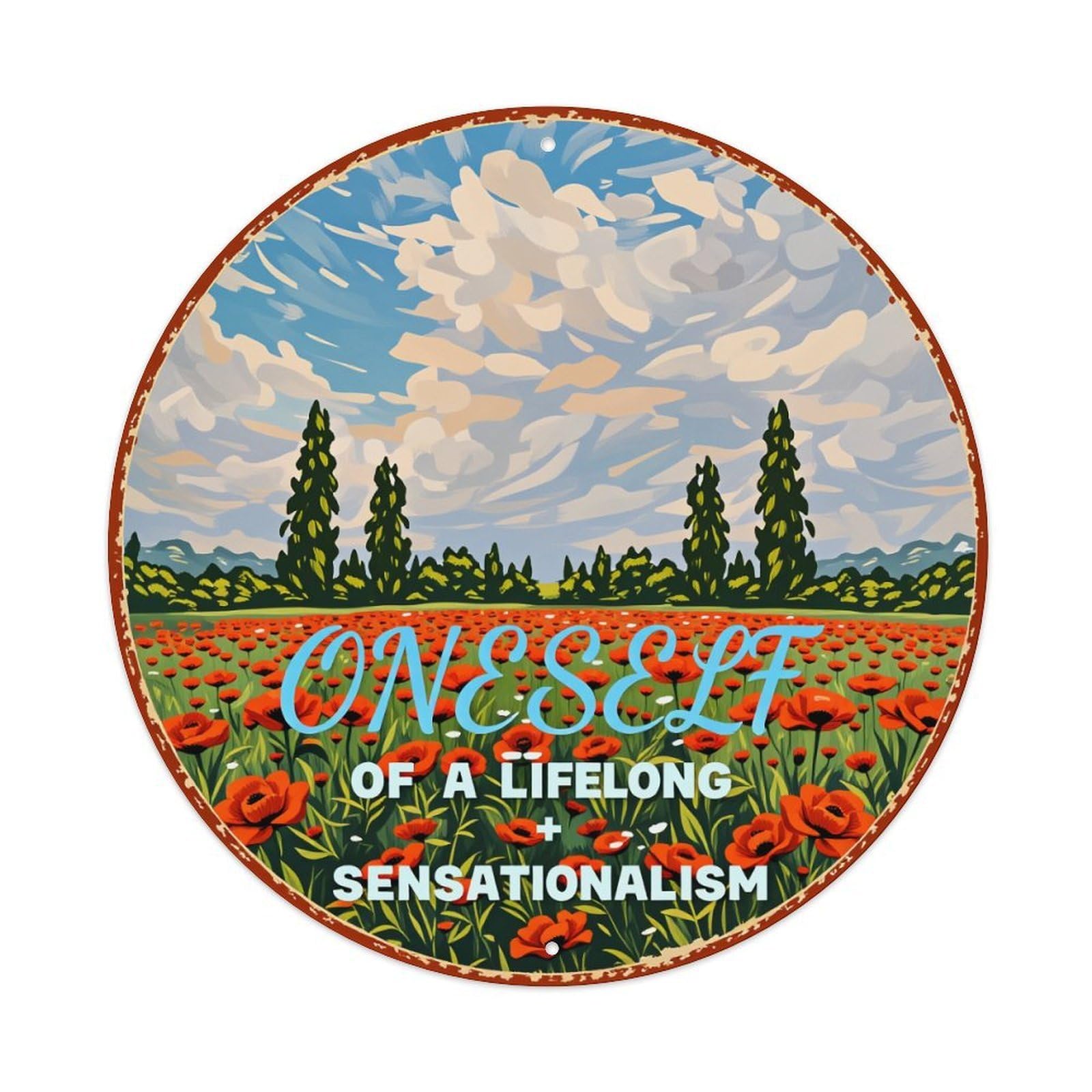 Poppy Field Sky Trees Clouds Round Tin Sign Vintage Style Metal Sign Home Bar Garden Wall Plaque Decor Metal Poster 8x8 Inch