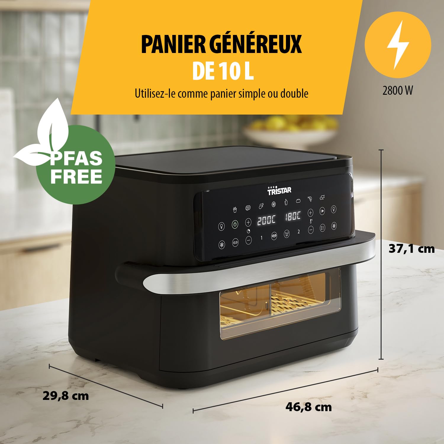 Tristar Friteuse Sans Huile Dualzone Flex, 10 L, 2800 W, 8 Programmes, Écran Digital, Cuisson Sans Huile, Arrêt Automatique, Revêtement Antiadhésif, Pièces Lavables, FR-9432, Noir