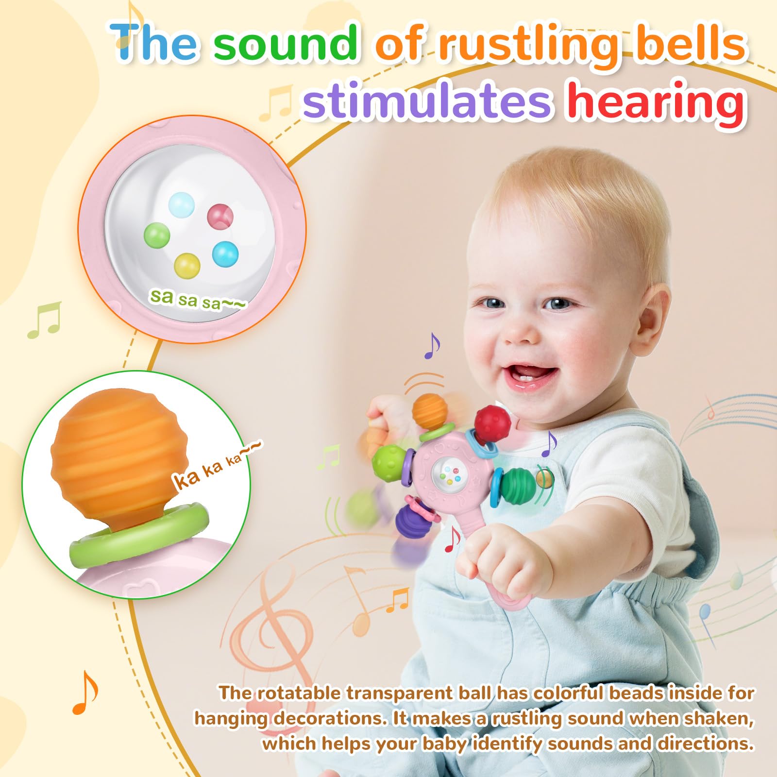 Giocattolo per la dentizione del neonato con sonaglio in silicone alimentare-Senza BPA Sensoriali Giocattoli Progettazione anti-inghippo Adatto per bambini da 0 a 36 mesi(Rosa)