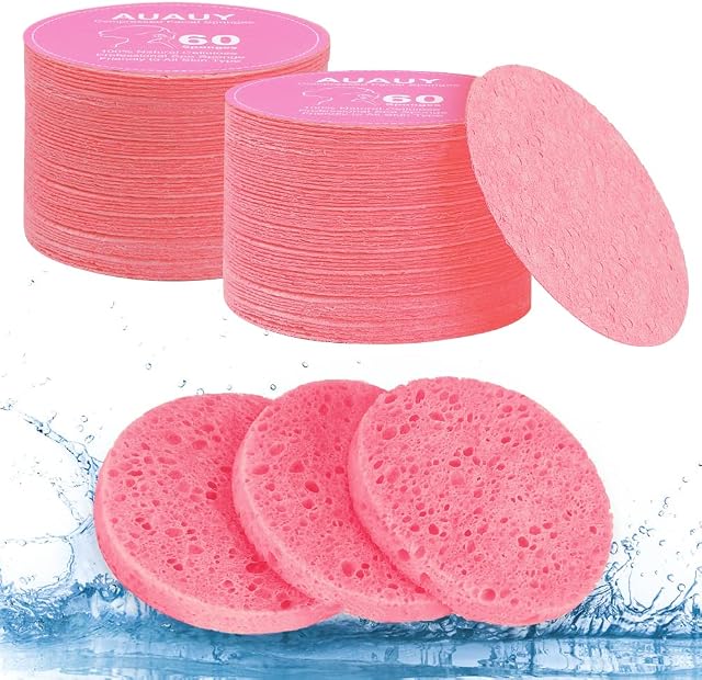 AUAUY Skompresowane gąbki do twarzy, 60 sztuk celulozy do codziennego czyszczenia, 100% naturalna celulozowa gąbka spa, idealna do spa twarzy, peelingu, demakijażu, podróży, różowa