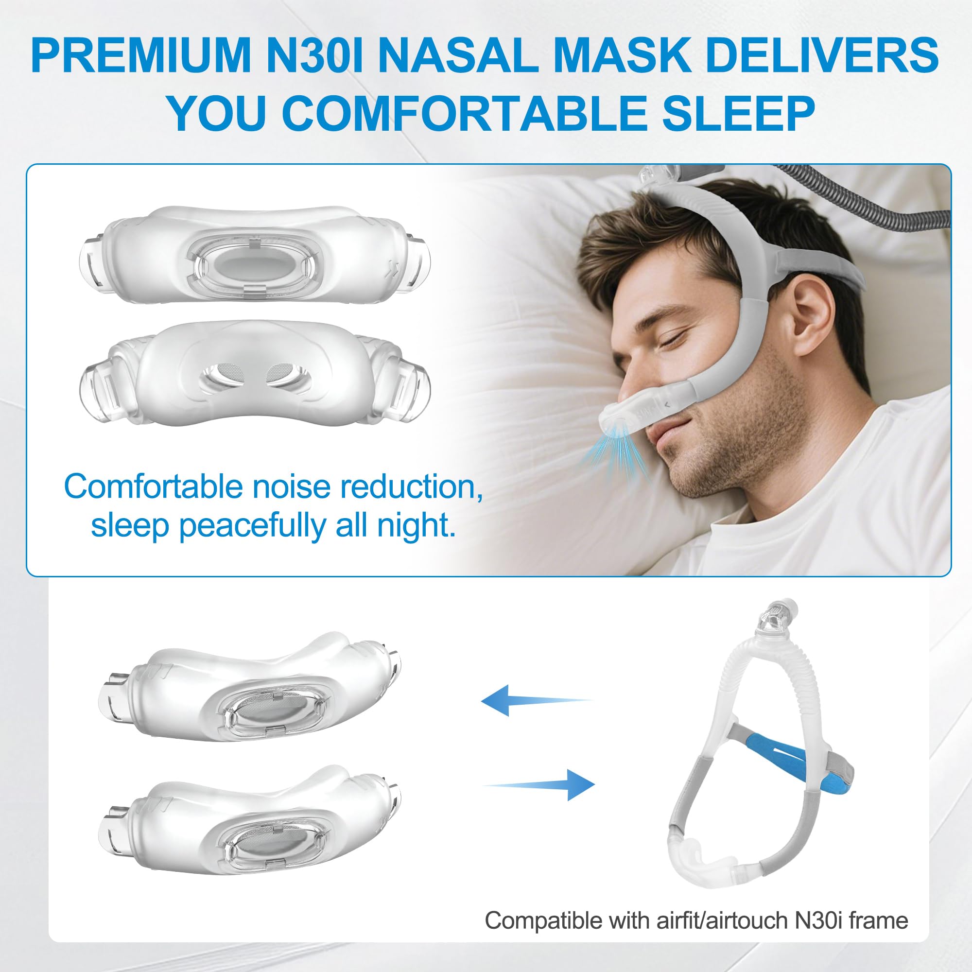Máscara nasal para Airfit N30i Máscaras nasales de alto rendimiento compatibles con AirTouch N30i Almohadilla de silicona más suave y silenciosa Almohadilla de repuesto para CPAP W-2 Pack